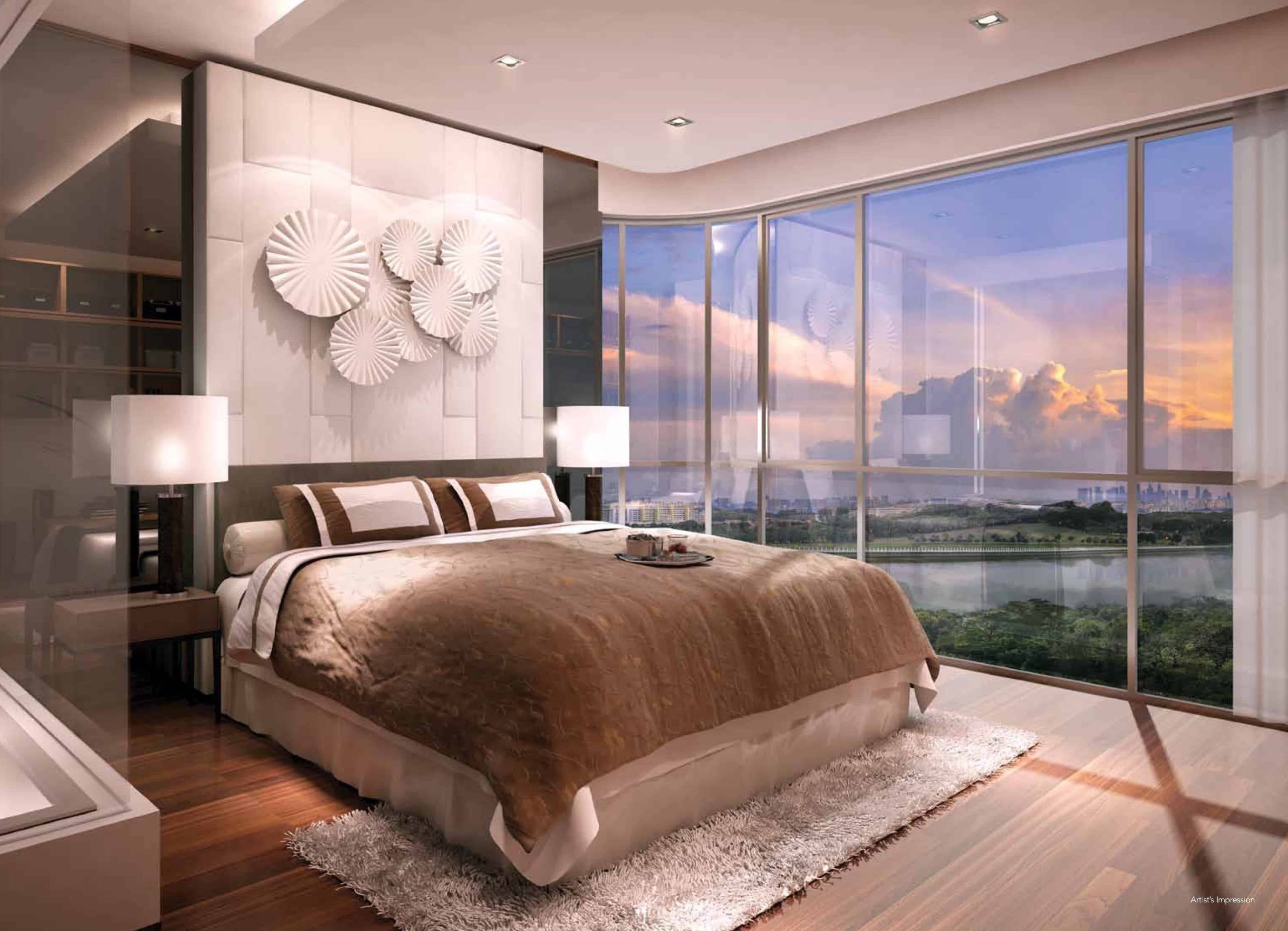 Elegant bedroom at Riversound Residence featuring a large bed with warm brown bedding, soft ambient lighting, and modern wall decor. Floor-to-ceiling windows offer a stunning sunset view over a river and city skyline, creating a peaceful and luxurious retreat.