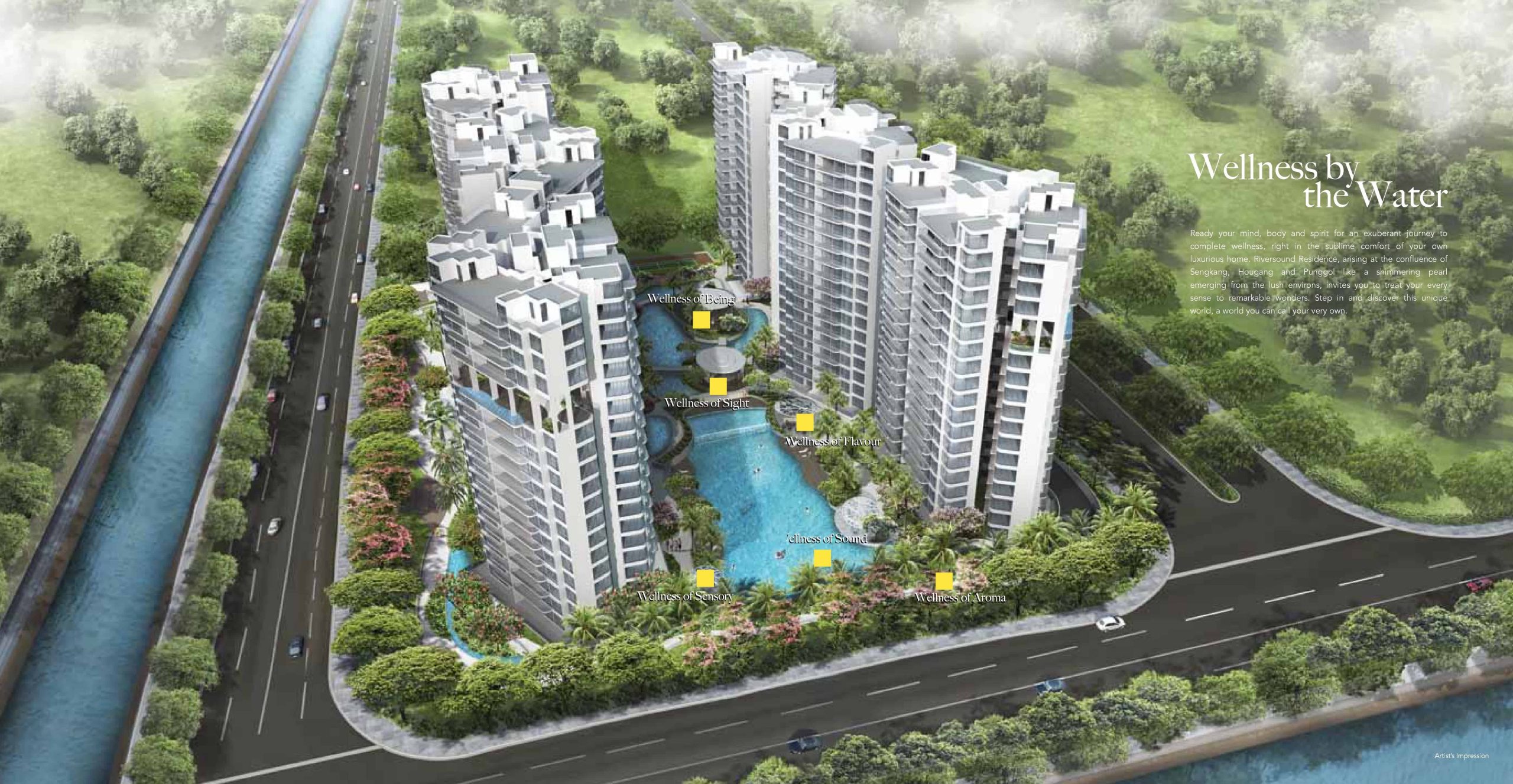 Aerial view of Riversound Residence, a high-rise residential development featuring multiple towers arranged around a central landscaped pool area, with lush greenery, water features, and wellness-themed zones such as "Wellness of Being" and "Wellness of Sight." The site is bordered by a canal and major roads, surrounded by a green park-like environment.