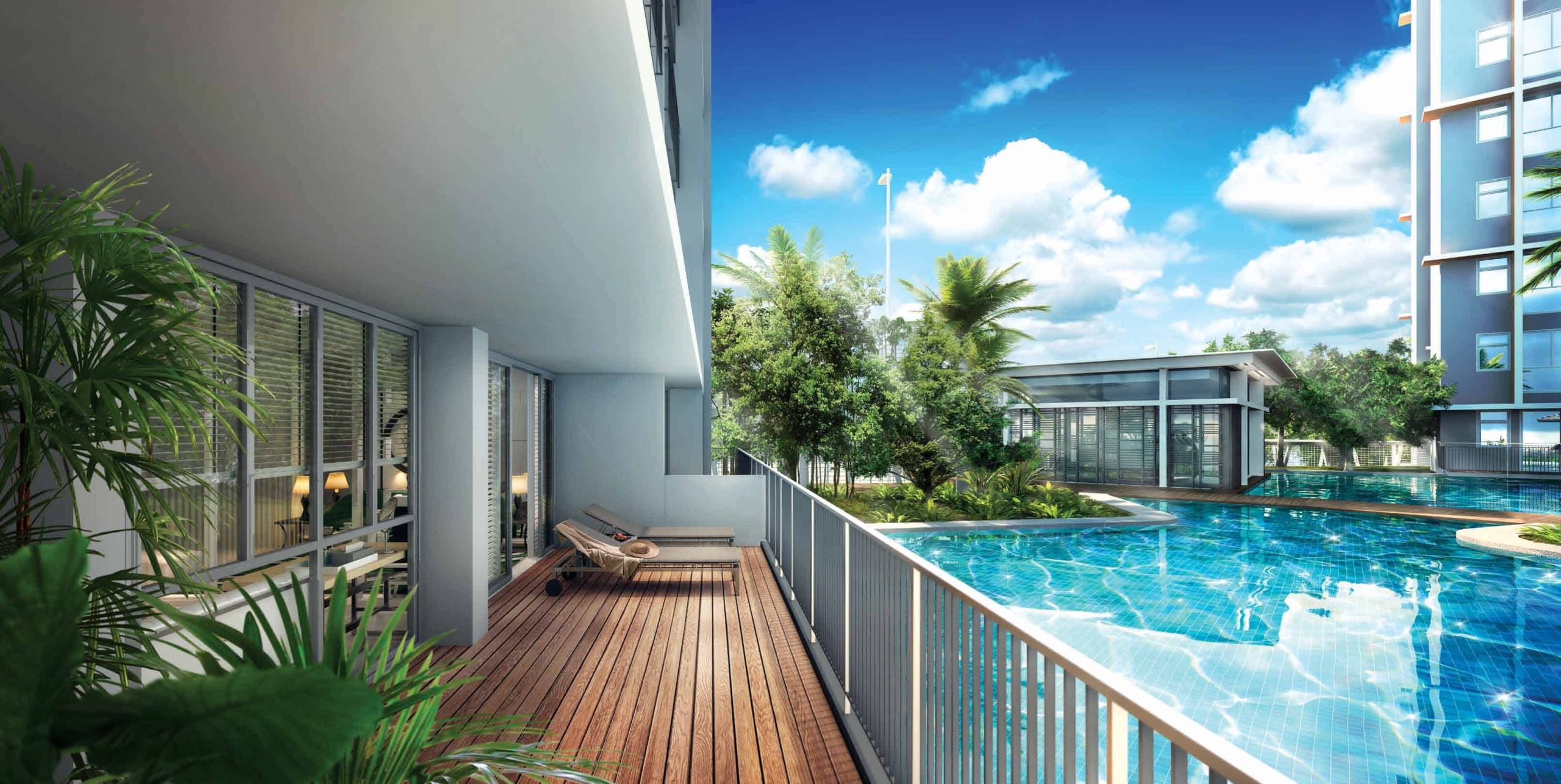 Poolside view from a private balcony at Qbay Residences, featuring a timber deck with lounge chairs, lush greenery, and direct access to a serene swimming pool surrounded by modern low-rise facilities under a clear blue sky.