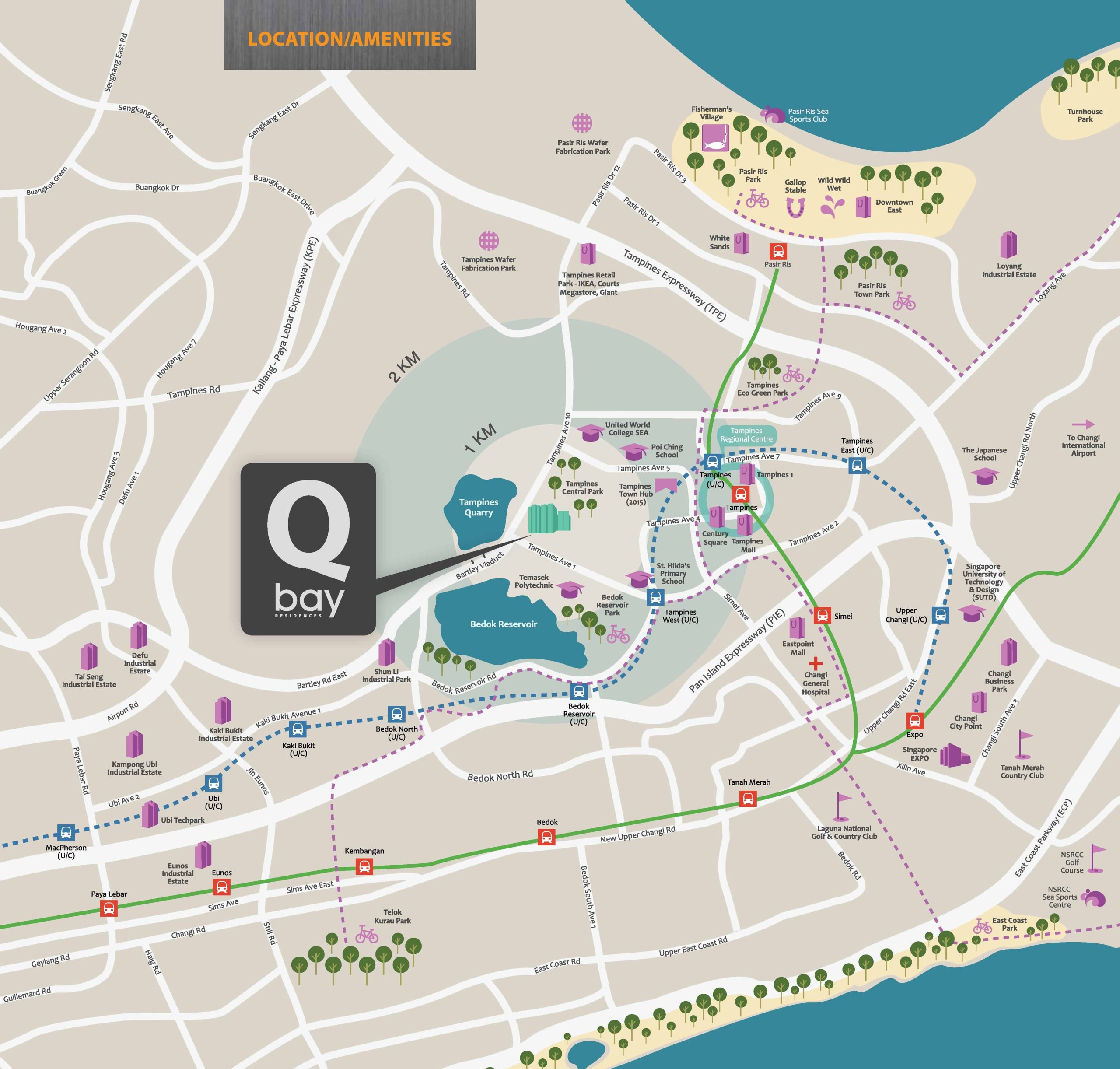 Location map of Qbay Residences highlighting its position near Bedok Reservoir and Tampines Quarry, with nearby MRT stations, schools, shopping malls, expressways, and recreational parks clearly marked for easy reference.