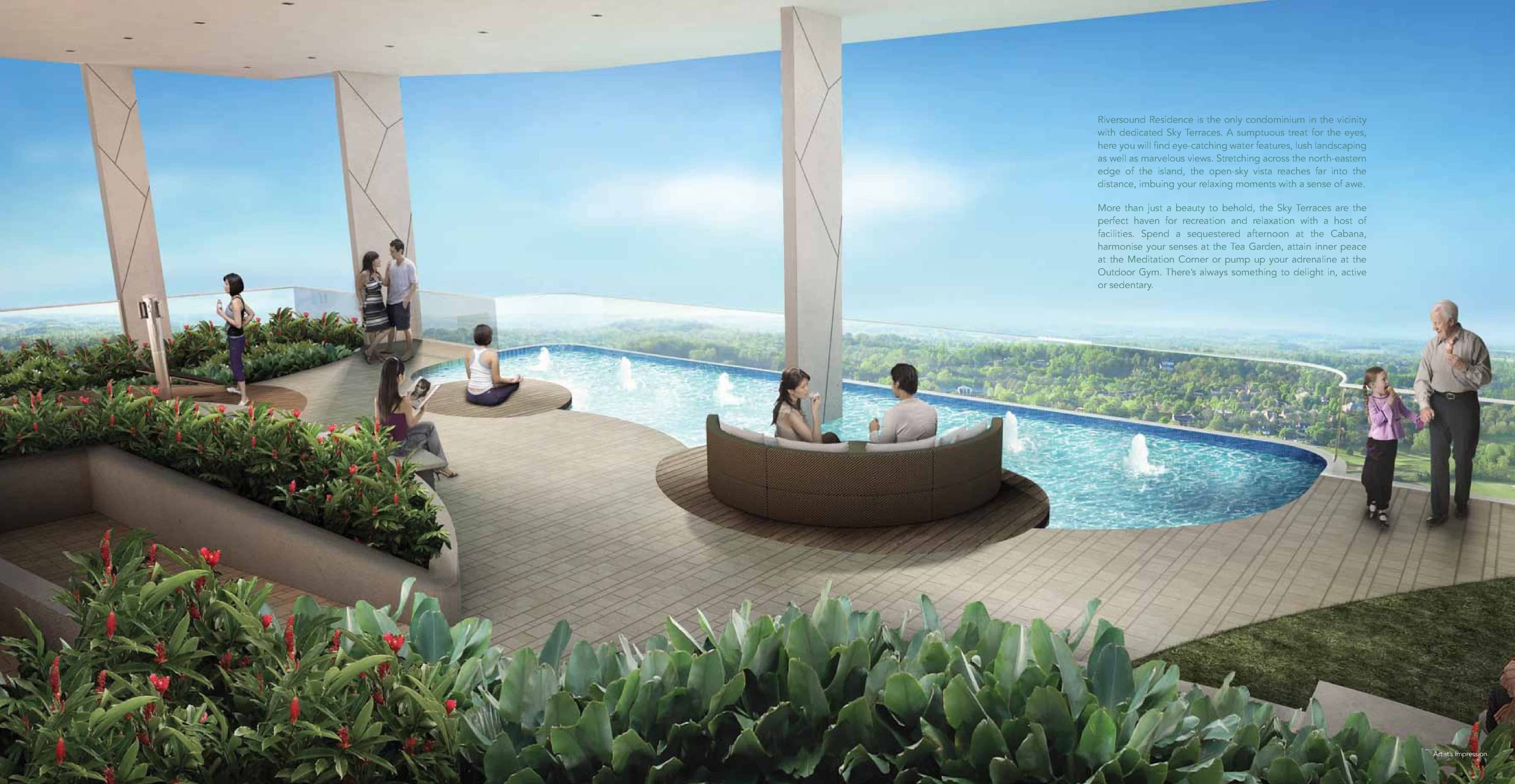 Sky Terrace at Riversound Residence featuring an infinity-edge pool overlooking lush greenery and a distant skyline. Residents are seen relaxing on lounge chairs, meditating, chatting, and spending time with family in a tranquil, elevated garden setting enhanced by tropical landscaping and water features.