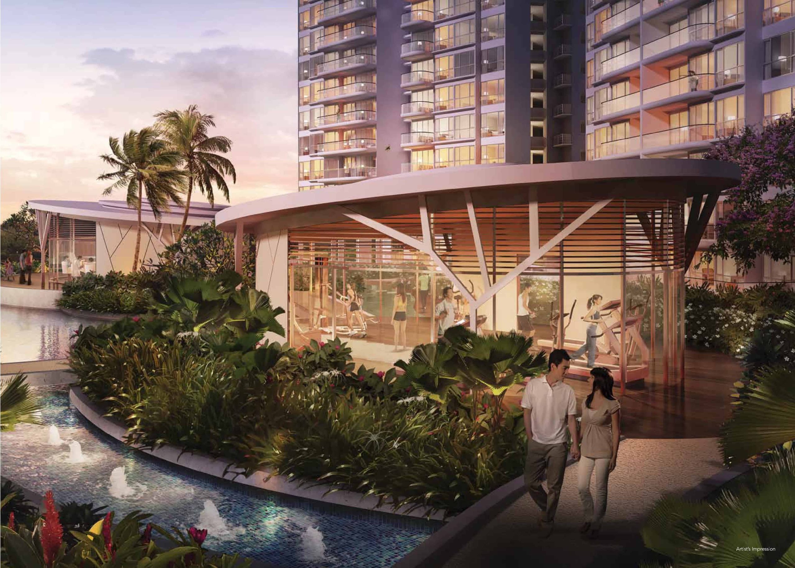 Evening view of Riversound Residence showcasing a modern glass-walled gym surrounded by lush landscaping and water features. Residents are seen exercising indoors while a couple strolls along a landscaped path, creating a calm and active atmosphere under the soft glow of sunset lighting.