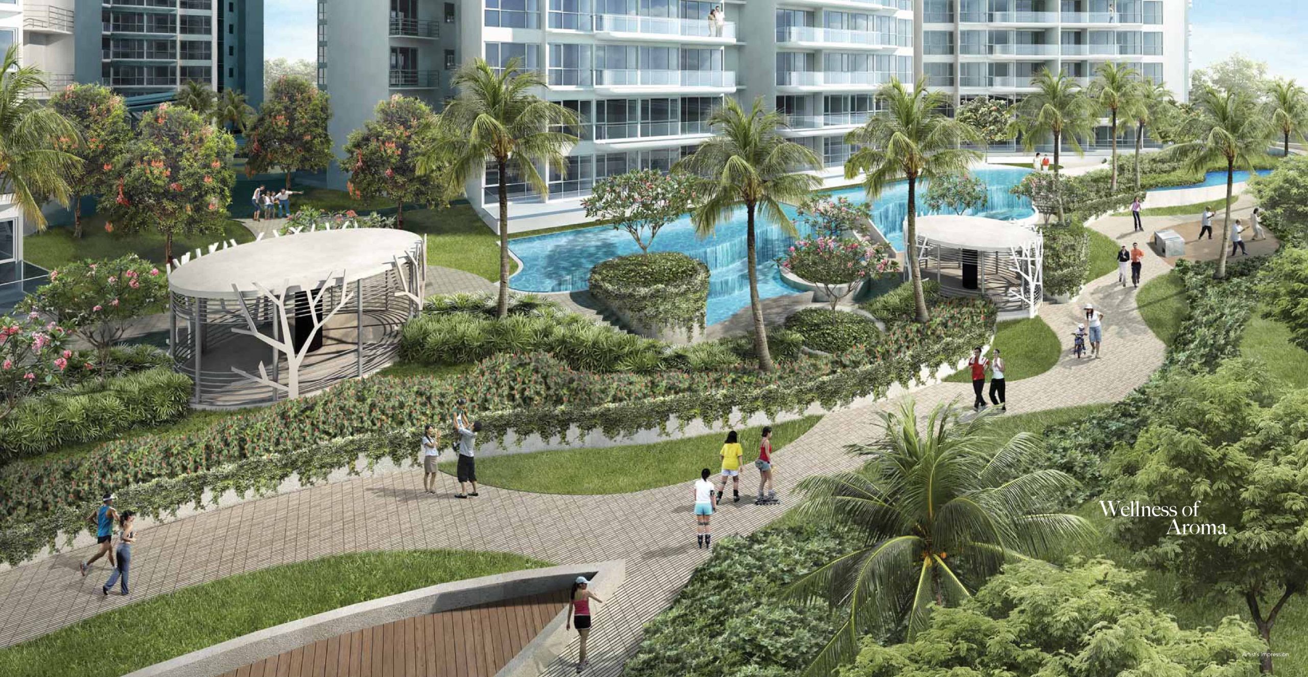 Landscaped garden at Riversound Residence featuring a walking path lined with palm trees, flowering shrubs, and sculptural pavilions. Residents are seen strolling, jogging, and enjoying the peaceful setting by the pool, highlighting the development’s “Wellness of Aroma” theme focused on nature and outdoor living.