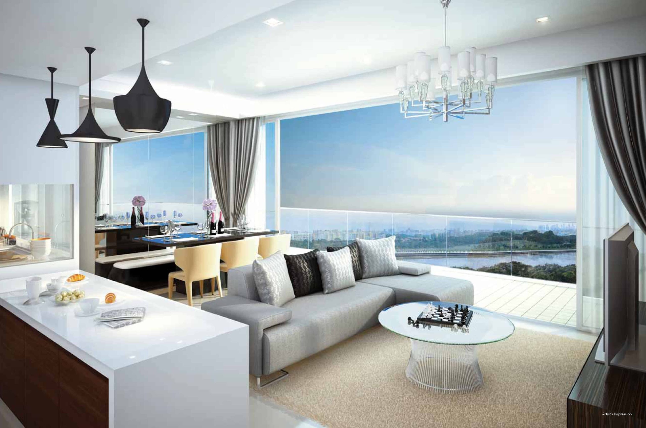 Modern living and dining area at Riversound Residence featuring a spacious open-concept layout with a sleek kitchen island, elegant dining setup, and a plush sectional sofa. Floor-to-ceiling glass doors open to a large balcony with panoramic views of lush greenery and a river, creating a bright and tranquil atmosphere.