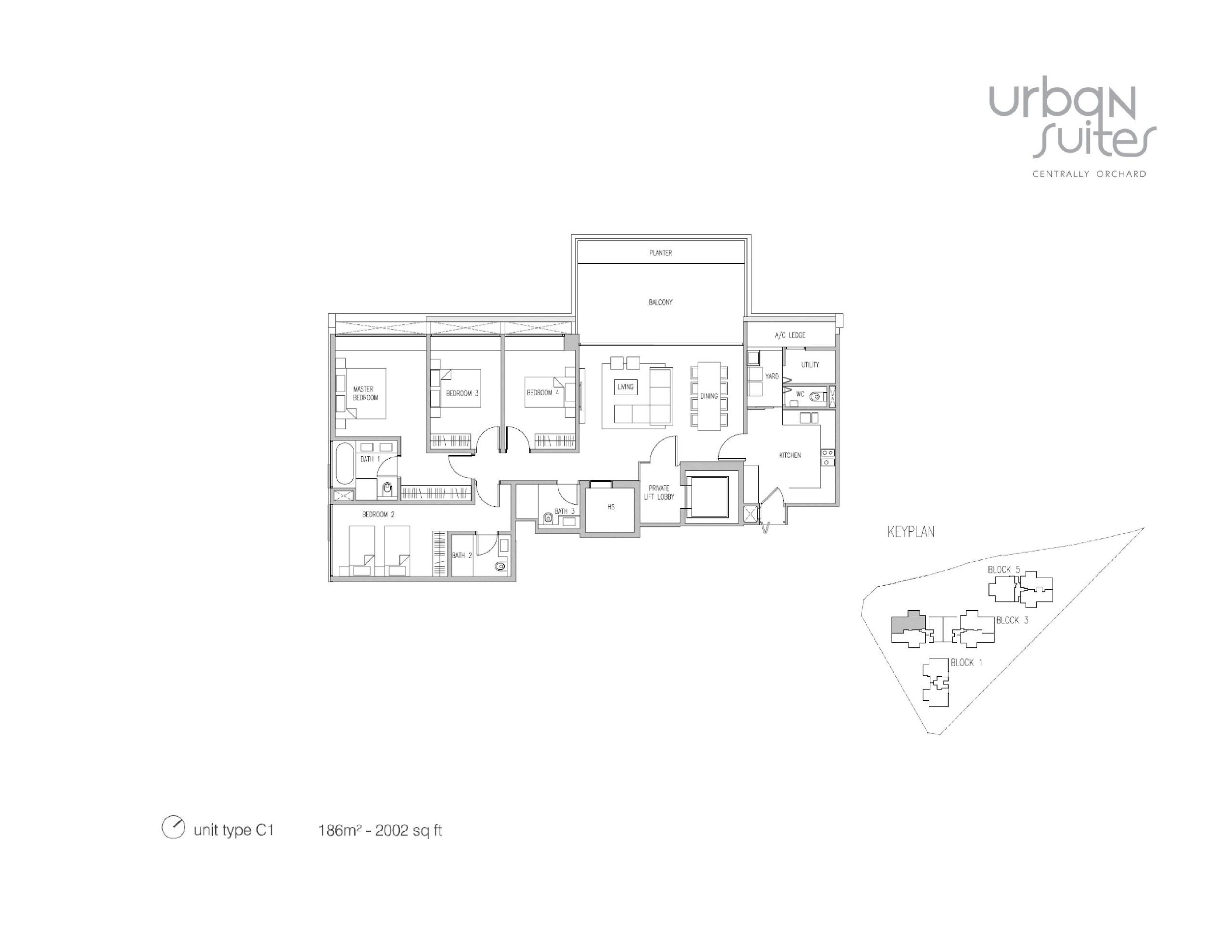 Urban Suites Type C1 unit floor plan showing 4-bedroom apartment layout with master bedroom, living room, dining area, kitchen, balcony and private lift lobby, 186sqm. 2002 sq ft
