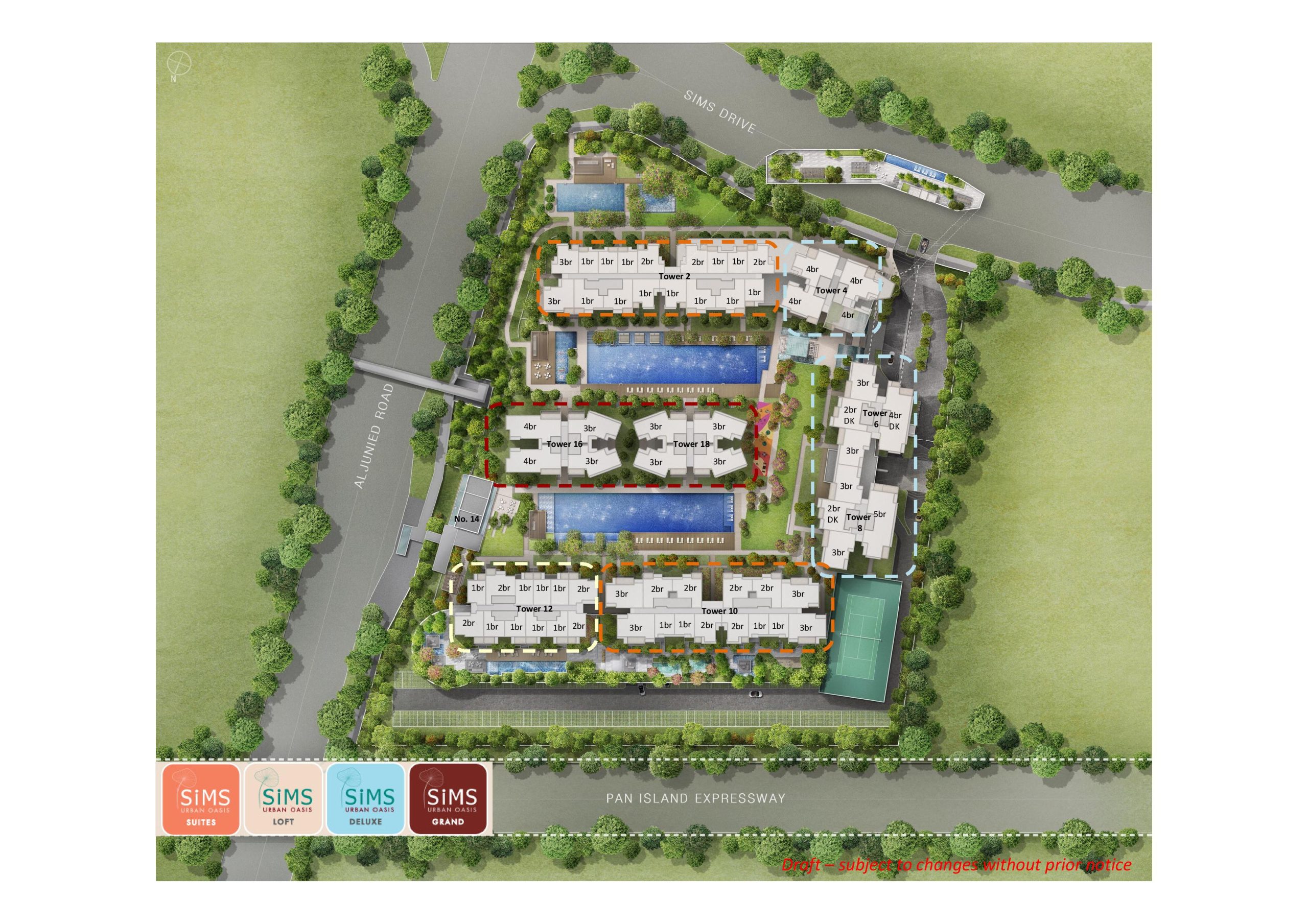 Coloured site plan of Sims Urban Oasis showing the layout of unit types across the development, with labels for 1-bedroom to 5-bedroom units, including dual-key options. The plan also highlights four distinct residential themes—Suites, Loft, Deluxe, and Grand—spread across various towers within the estate.