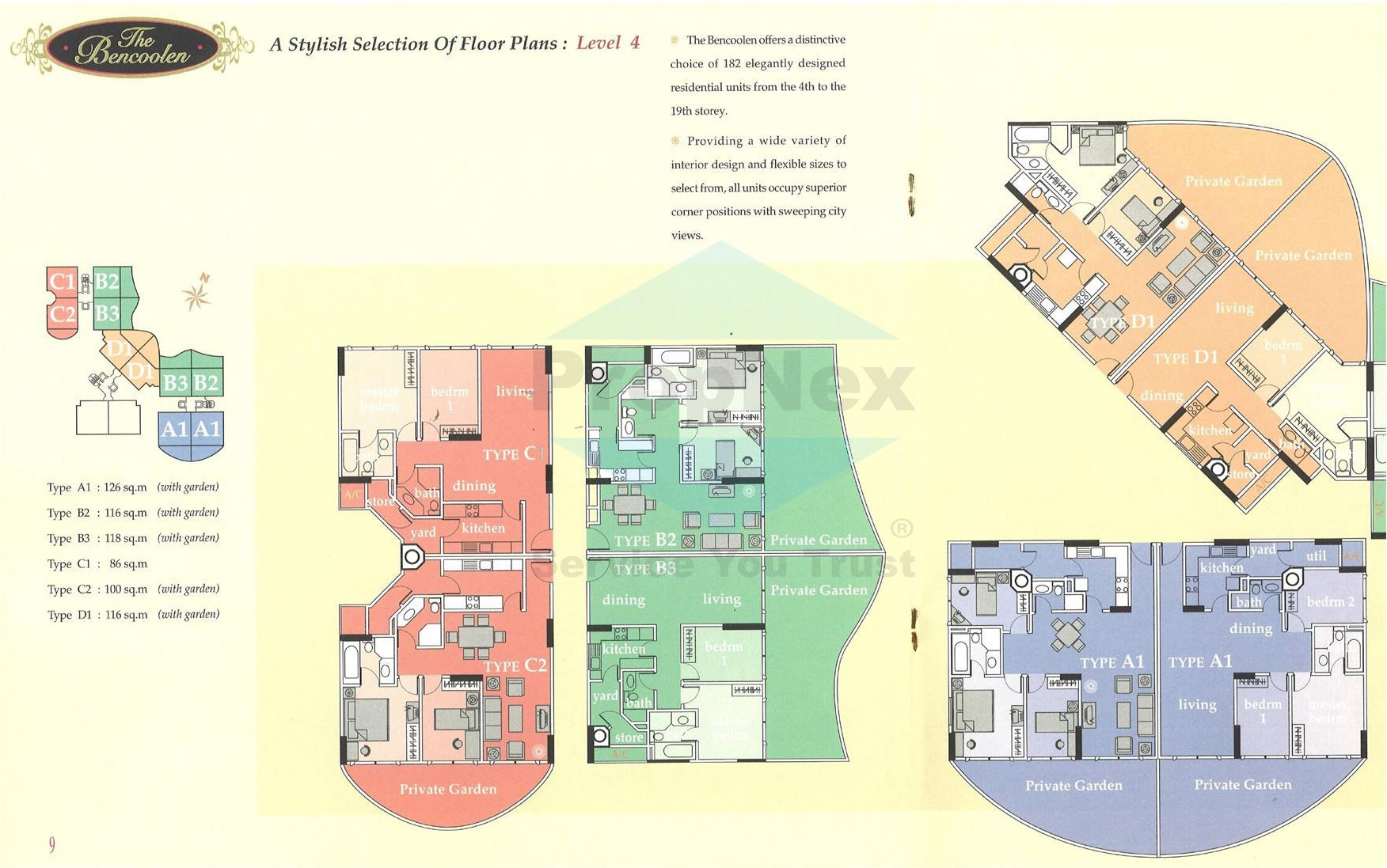 Level 4 floor plan layouts of The Bencoolen showcasing six residential unit types: Type A1, B2, B3, C1, C2, and D1. Each unit includes living and dining areas, kitchens, bedrooms, bathrooms, and private gardens. The units are color-coded and labeled, with details on floor area ranging from 86 to 126 square meters. The diagram highlights the layout and positioning of each unit type around the building.