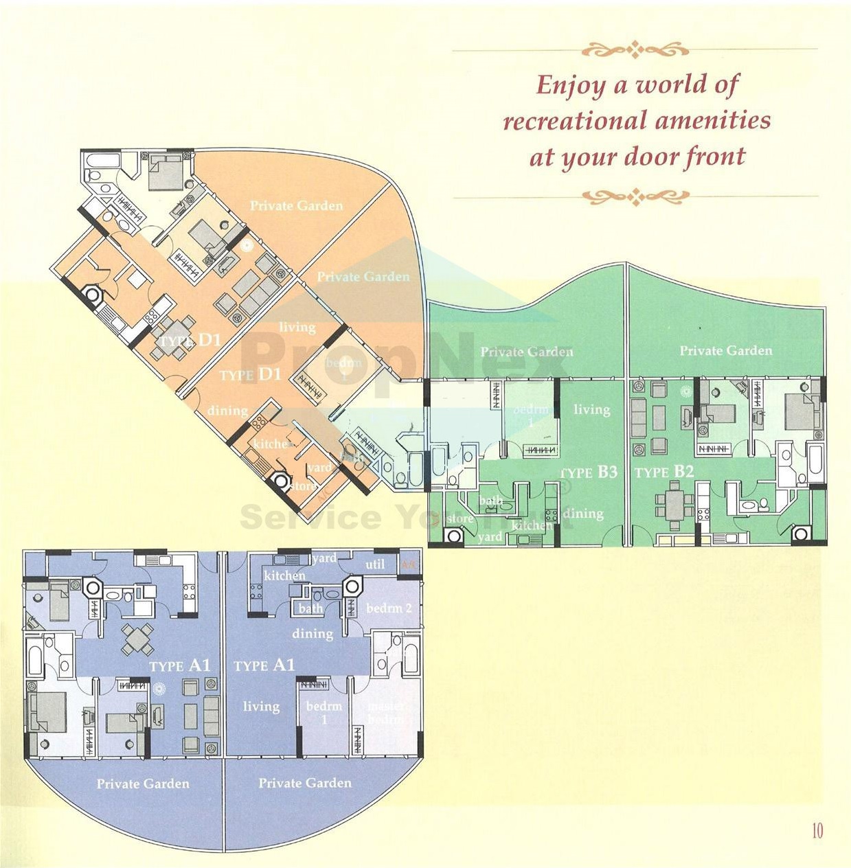 Residential unit floor plans at The Bencoolen highlighting Types A1, B2, B3, and D1. Each unit layout shows internal configurations including living rooms, dining areas, bedrooms, bathrooms, kitchens, and private gardens. Type D1 units are angled with large garden spaces, while Types B2 and B3 are positioned side-by-side with extended garden areas. Type A1 features two symmetrical layouts with curved garden fronts.