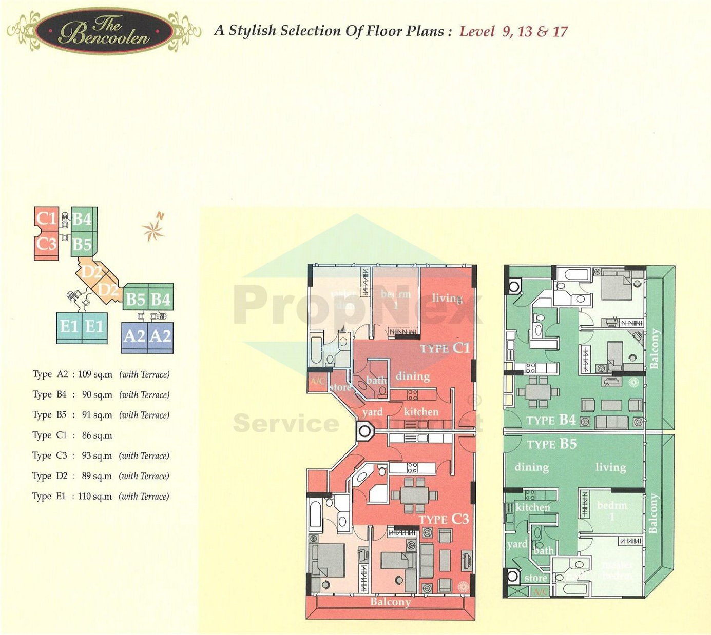 Floor plan layouts of The Bencoolen for levels 9, 13, and 17, featuring unit types A2, B4, B5, C1, C3, D2, and E1. Each unit is color-coded and labeled, showing internal layouts with living and dining areas, bedrooms, kitchens, and bathrooms. Selected units include balconies or terraces. Floor areas range from 86 to 110 square meters