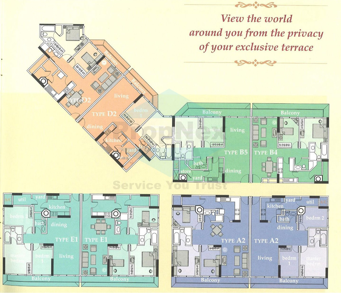 Floor plan layouts at The Bencoolen showcasing unit types D2, B4, B5, E1, and A2. Each unit features detailed interior arrangements including living and dining areas, bedrooms, kitchens, bathrooms, and balconies or terraces. Type D2 is angled with an extended terrace, while Types B4 and B5 include front-facing balconies. Type E1 features a spacious layout with utility and yard areas, and Type A2 is shown with symmetrical designs and private balconies.