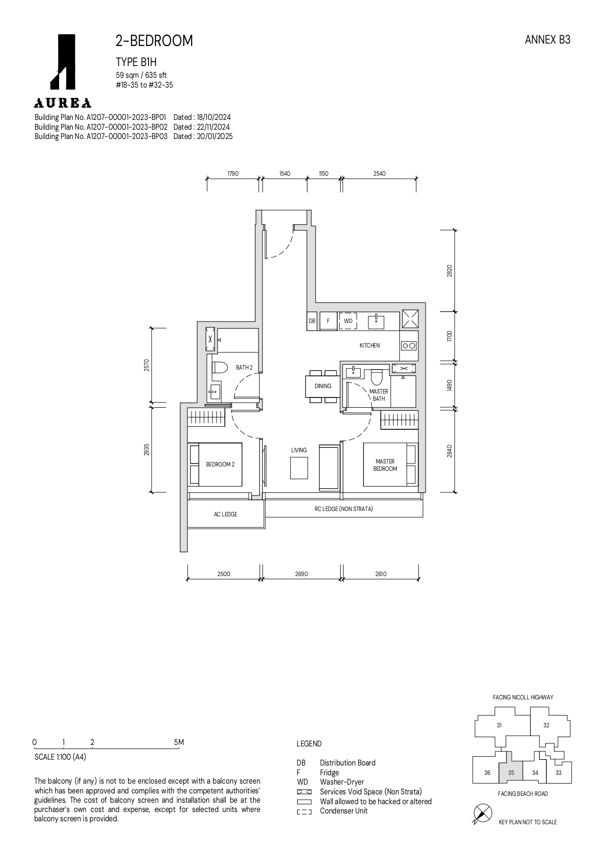 A detailed floor plan of a 2-bedroom Type B1H unit at Aurea, measuring 59 sqm (635 sqft), illustrating the layout of bedrooms, living and dining areas, kitchen, and bathrooms, along with annotations for essential fixtures and unit specifications.