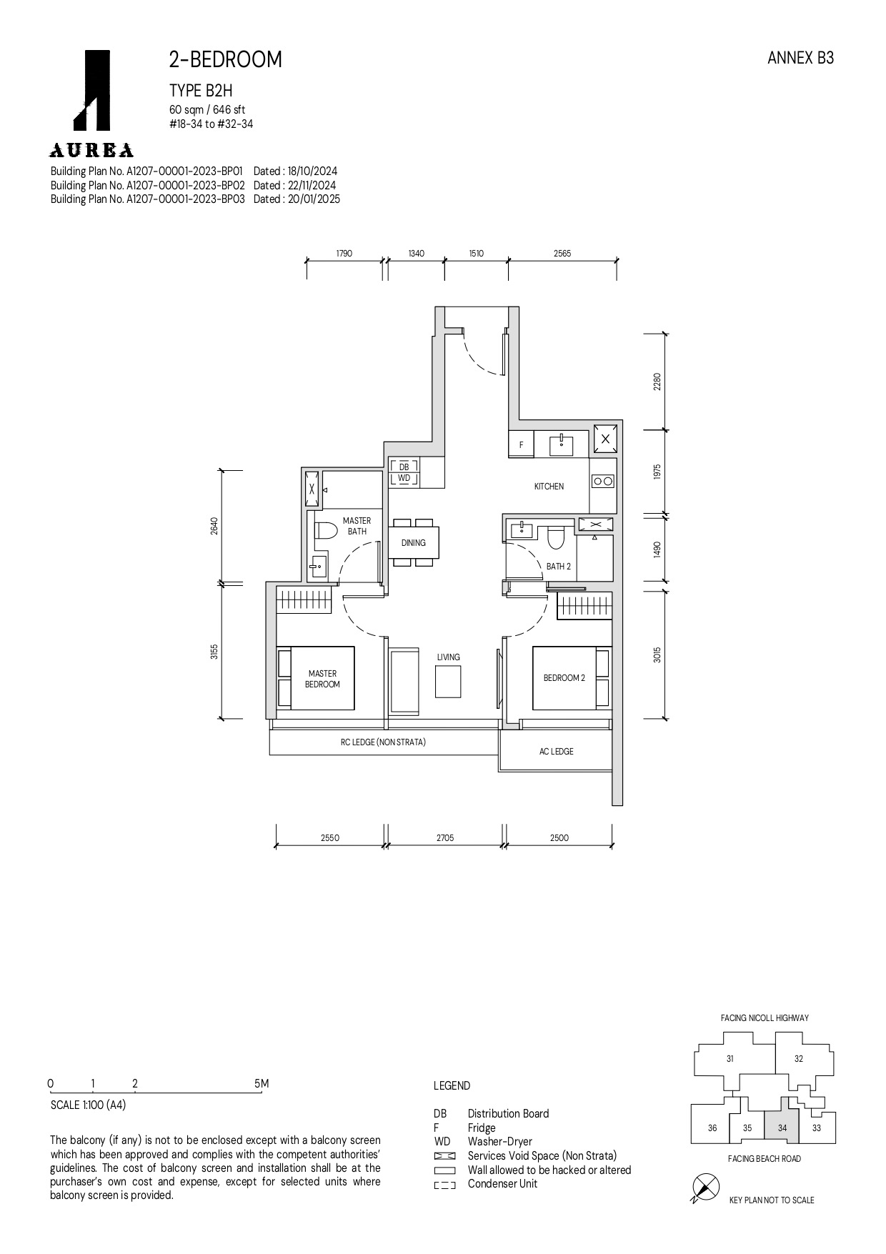 A detailed floor plan of a 2-bedroom Type B2H unit at Aurea, measuring 60 sqm (646 sqft), showcasing the layout of bedrooms, living and dining areas, kitchen, and bathrooms, along with annotations for essential fixtures and unit specifications.