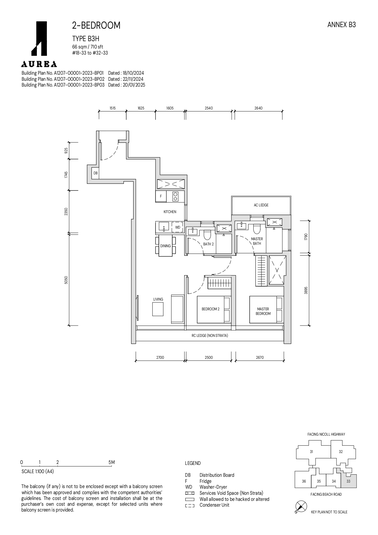 A detailed floor plan of a 2-bedroom Type B3H unit at Aurea, measuring 66 sqm (710 sqft), illustrating the layout of bedrooms, living and dining areas, kitchen, and bathrooms, along with annotations for essential fixtures and unit specifications.