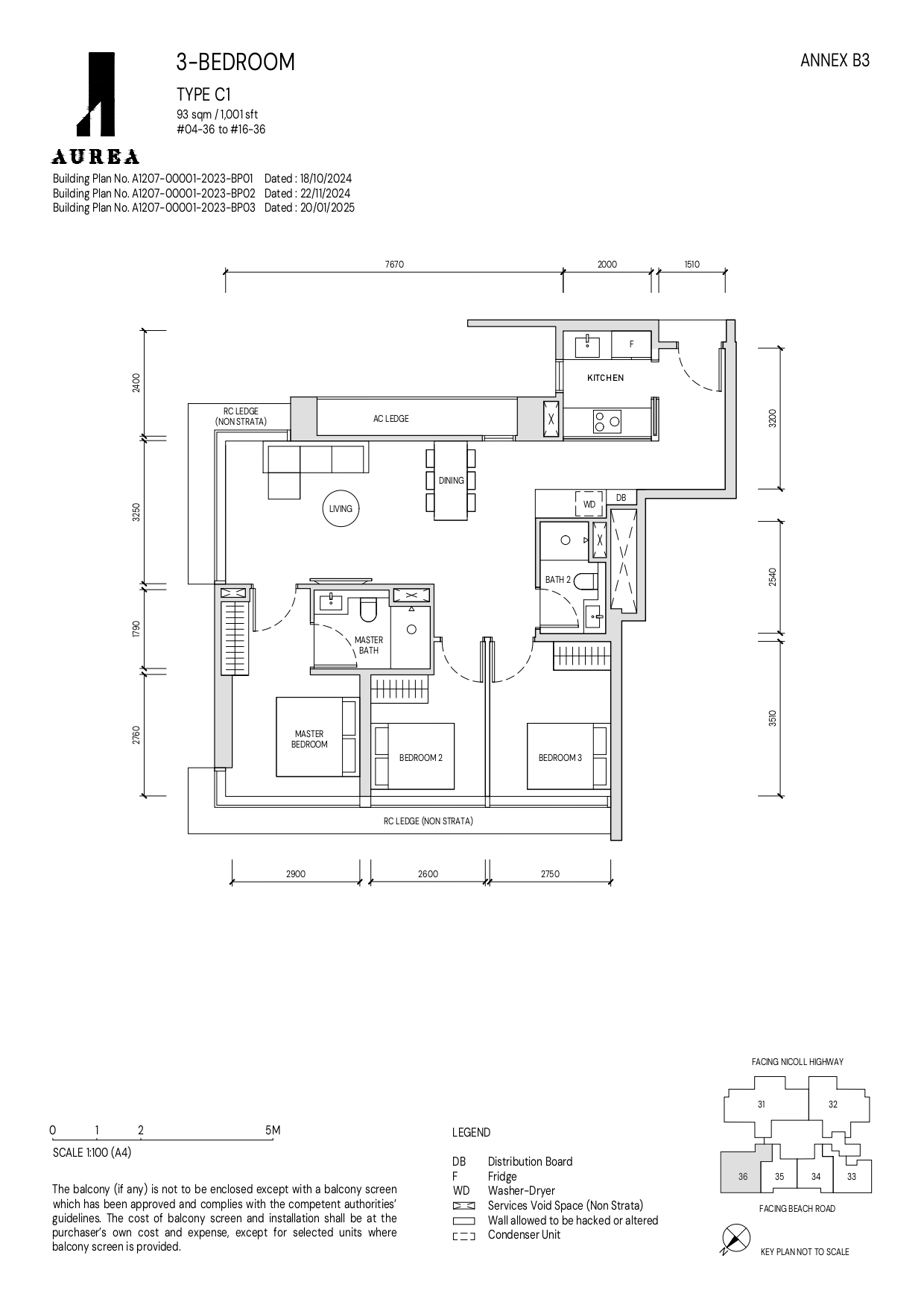 A detailed floor plan of a 3-bedroom Type C1 unit at Aurea, measuring 93 sqm (1,001 sqft), showcasing the arrangement of bedrooms, living and dining areas, kitchen, and bathrooms, with labeled fixtures and unit specifications.
