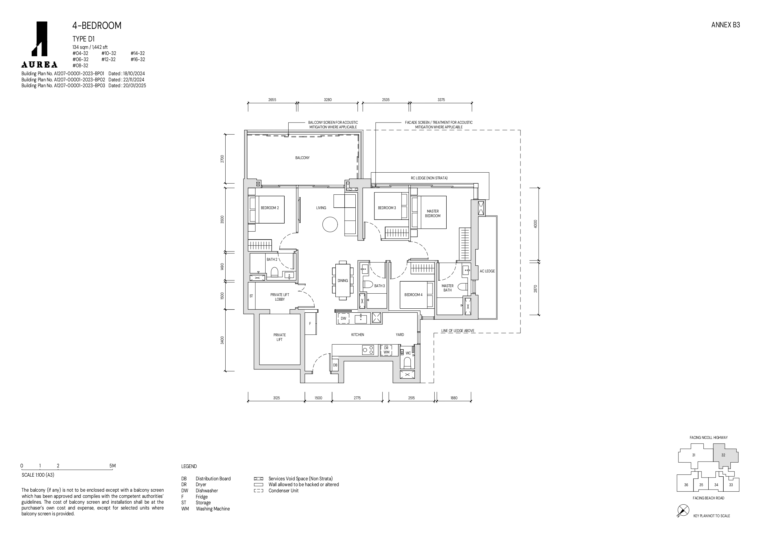 A detailed floor plan of a 4-bedroom Type D1 unit at Aurea, measuring 134 sqm (1,442 sqft), showcasing the layout of bedrooms, living and dining areas, kitchen, private lift, and bathrooms, with labeled fixtures and unit specifications.