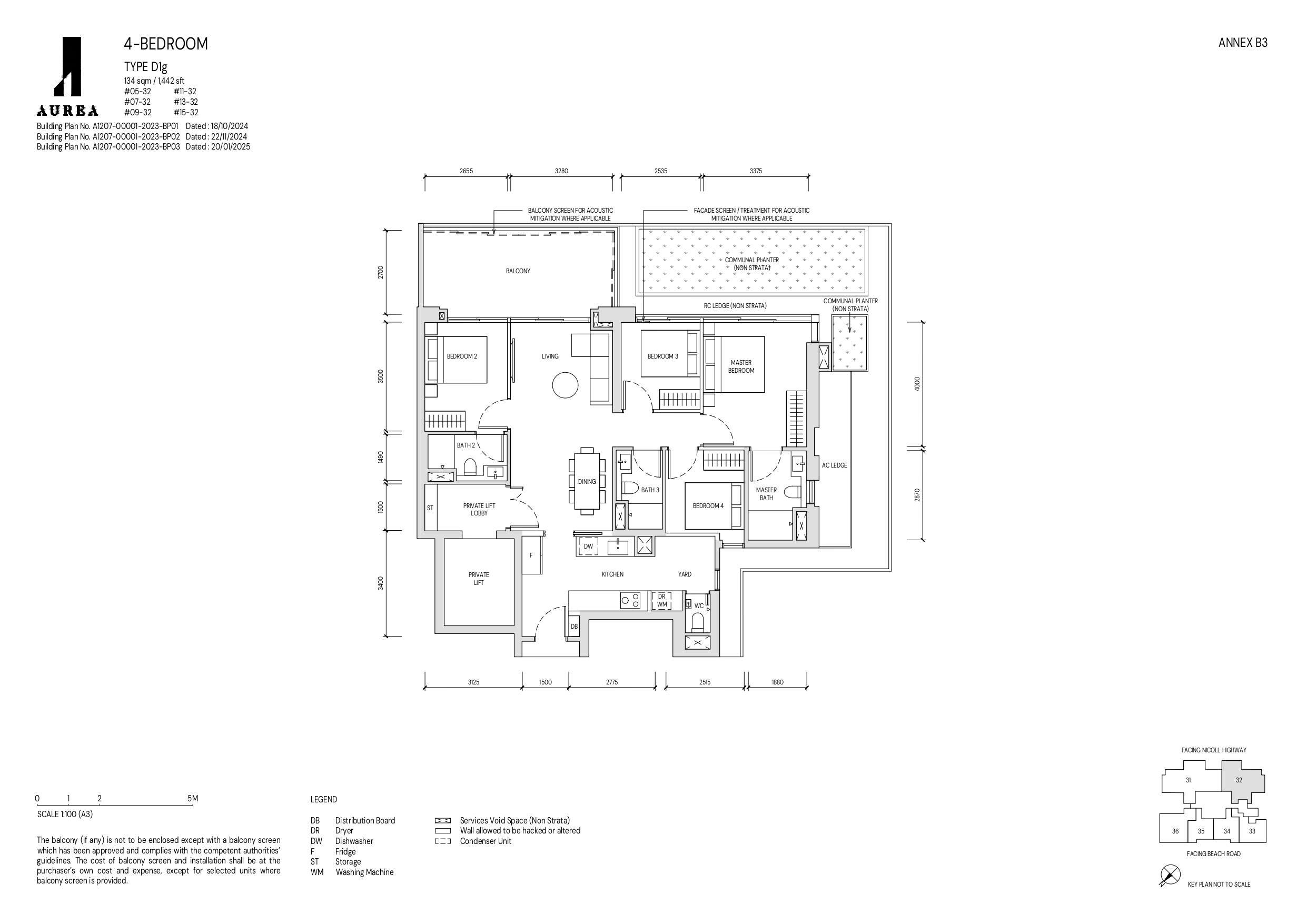 A detailed floor plan of a 4-bedroom Type D1g unit at Aurea, measuring 134 sqm (1,442 sqft), featuring a spacious layout with bedrooms, living and dining areas, kitchen, private lift, and bathrooms, along with additional communal planter space and balcony screening for acoustic mitigation.