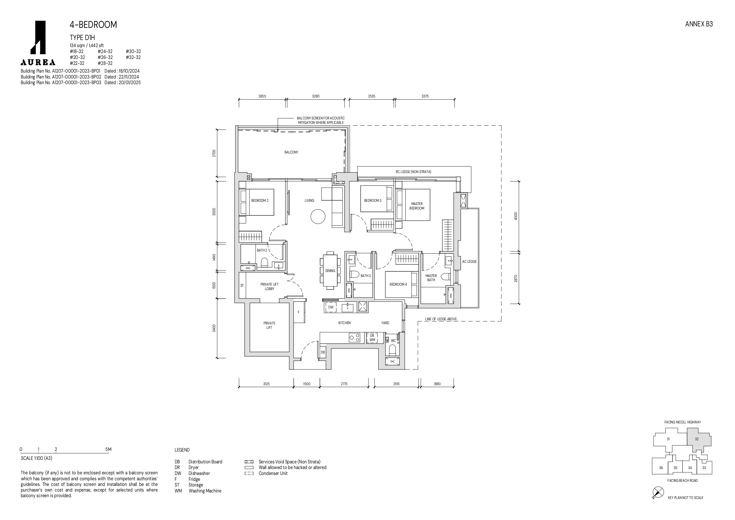 A detailed floor plan of a 4-bedroom Type D1H unit at Aurea, measuring 134 sqm (1,442 sqft), showcasing a spacious layout with bedrooms, living and dining areas, kitchen, private lift, and bathrooms, along with a balcony and designated acoustic mitigation features.