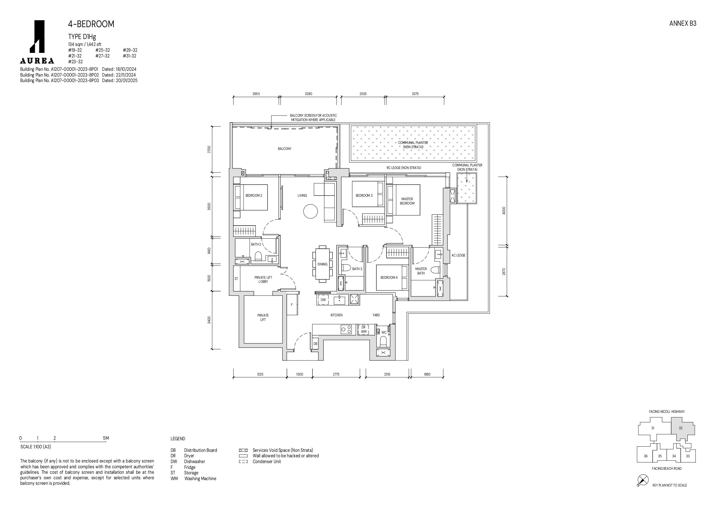 A detailed floor plan of a 4-bedroom Type D1Hg unit at Aurea, measuring 134 sqm (1,442 sqft), featuring spacious living and dining areas, a private lift lobby, a balcony with acoustic mitigation, a kitchen with a yard, and designated communal planter spaces.