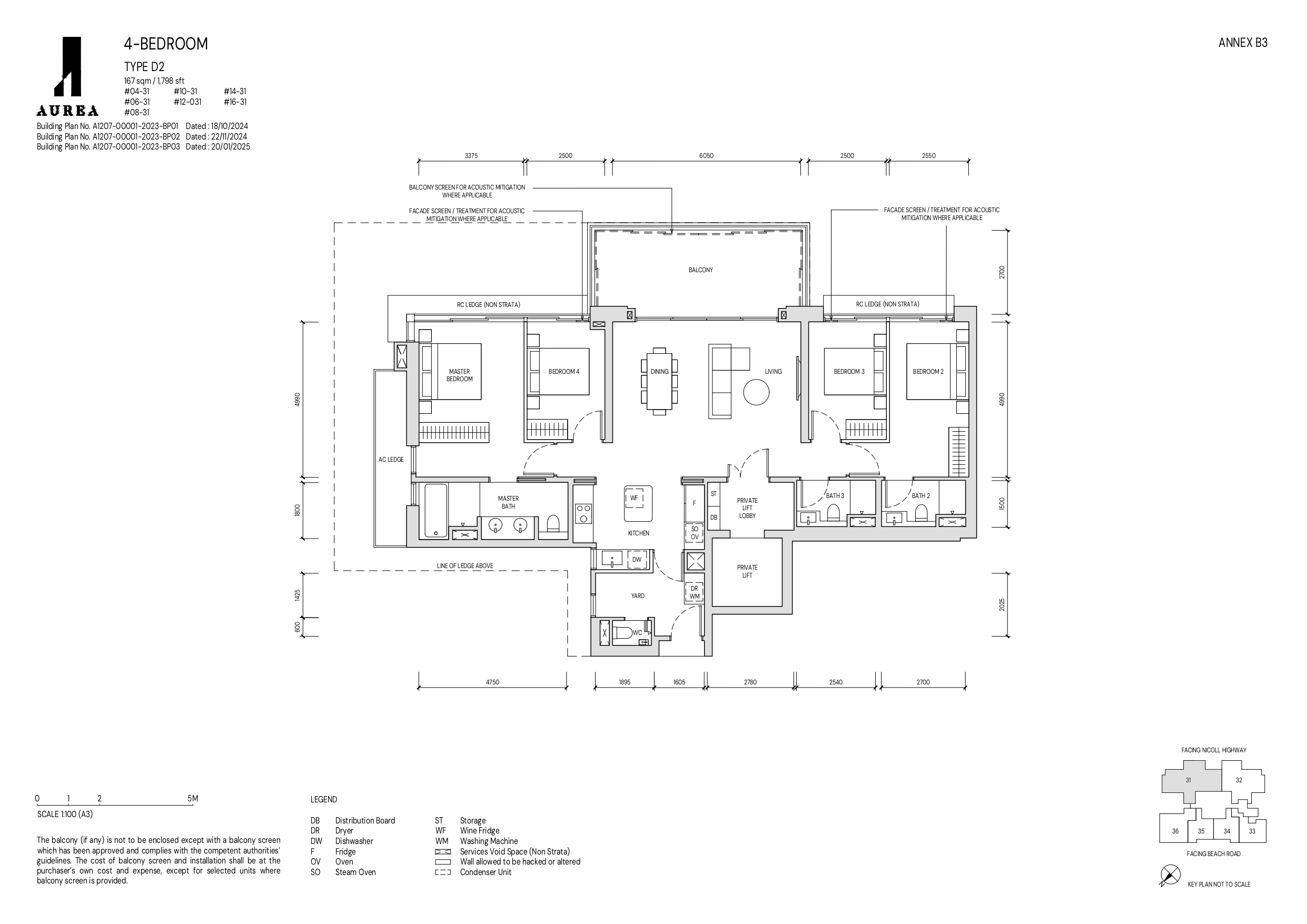A detailed floor plan of a 4-bedroom Type D2 unit at Aurea, measuring 167 sqm (1,798 sqft), featuring a spacious living and dining area, a private lift lobby, a large balcony with acoustic mitigation, a well-equipped kitchen with a yard, and multiple bedrooms with ensuite bathrooms.
