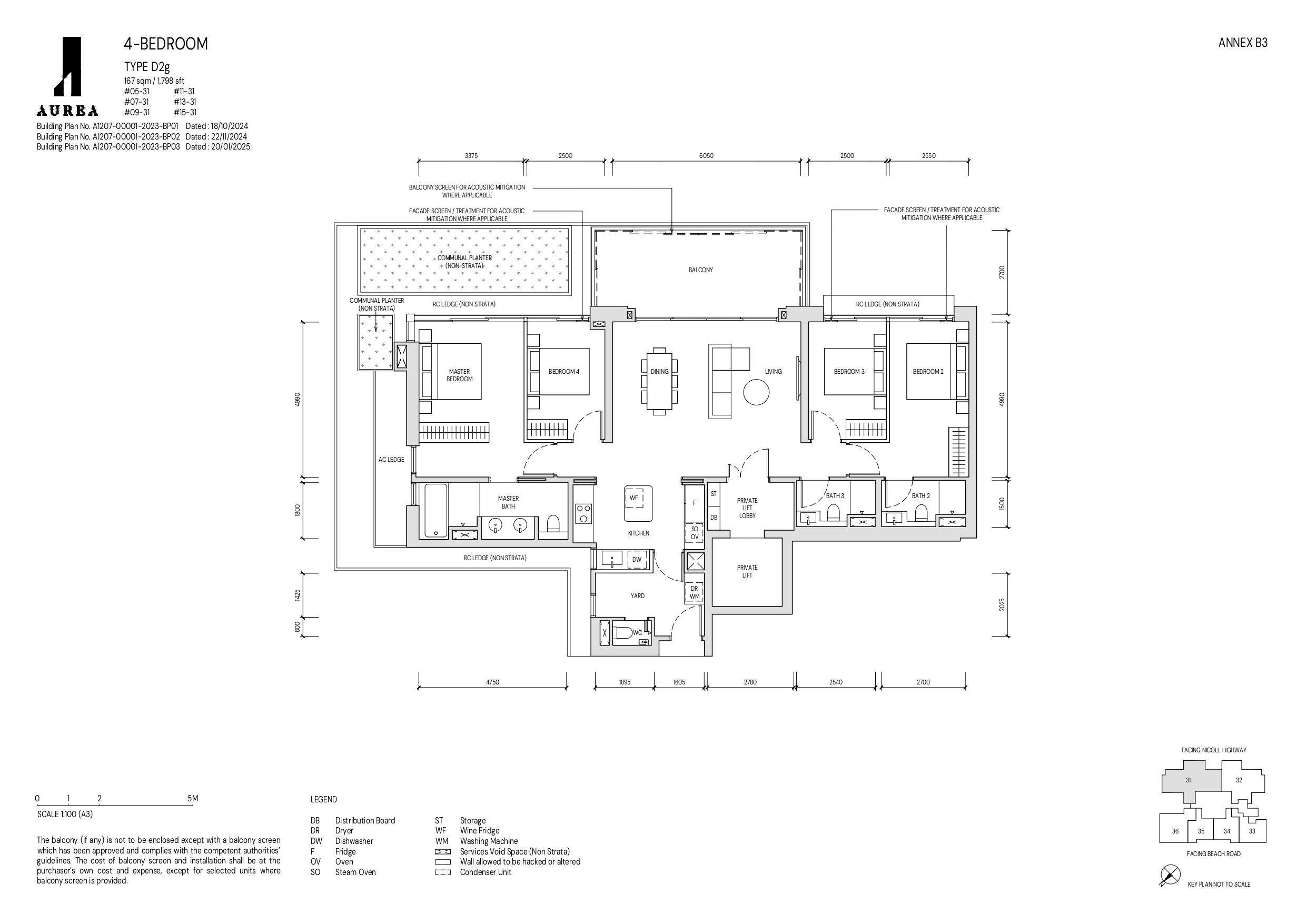 A detailed floor plan of a 4-bedroom Type D2g unit at Aurea, measuring 167 sqm (1,798 sqft), showcasing a spacious living and dining area, a private lift lobby, a large balcony with acoustic mitigation, a well-equipped kitchen with a yard, and multiple bedrooms with ensuite bathrooms. The layout also features communal planters for added greenery.
