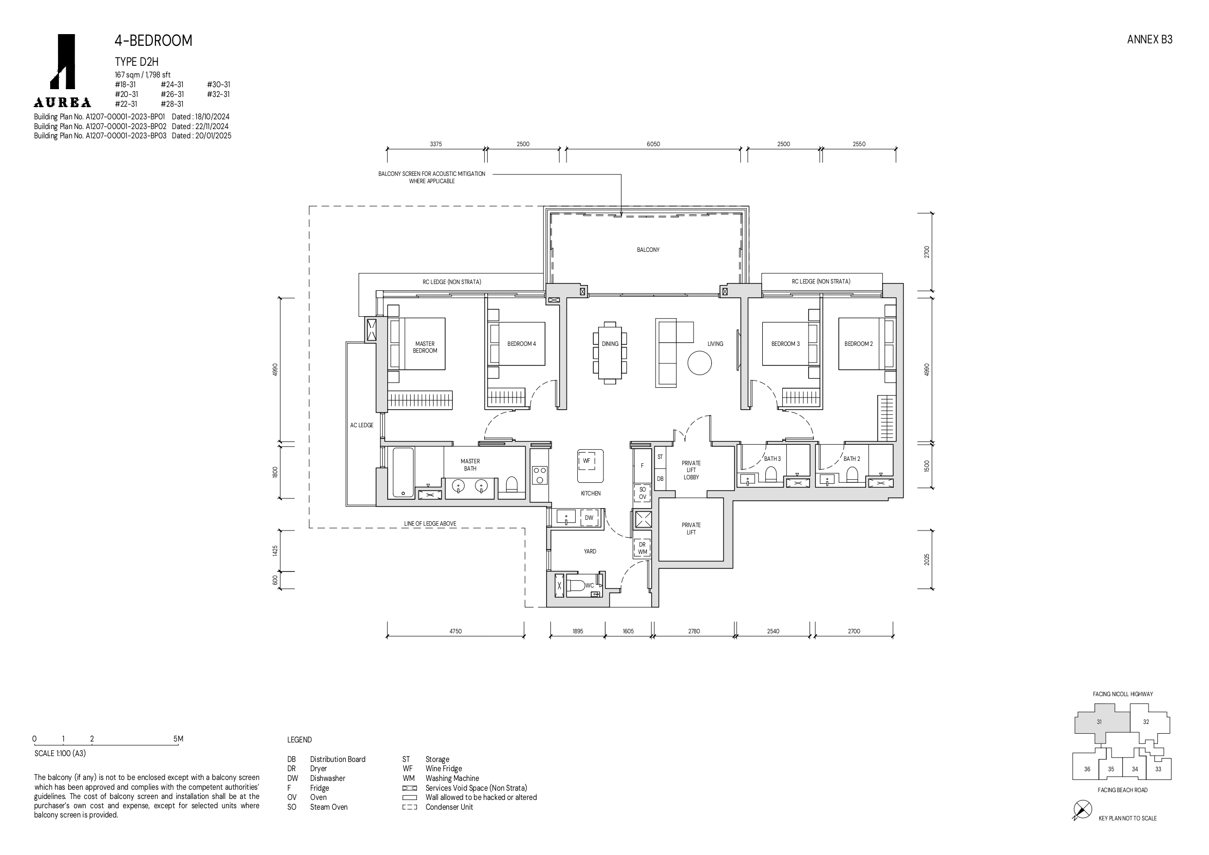 A detailed floor plan of a 4-bedroom Type D2H unit at Aurea, spanning 167 sqm (1,798 sqft). The layout features a spacious living and dining area, a private lift lobby, a well-designed kitchen with a yard, multiple bedrooms with ensuite bathrooms, and a large balcony with acoustic mitigation measures.