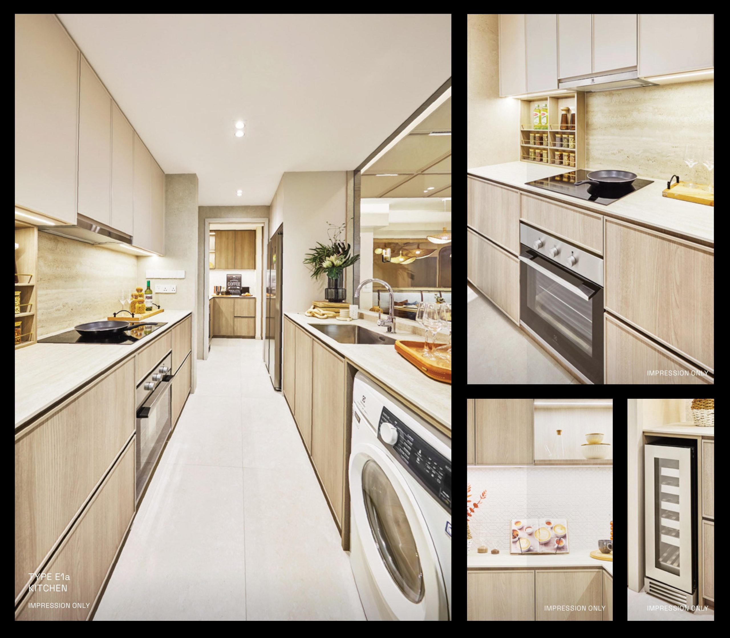 Bagnall Haus Type E1a kitchen featuring a galley layout with built-in cabinetry, induction hob, oven, sink, washing machine and integrated kitchen appliances.