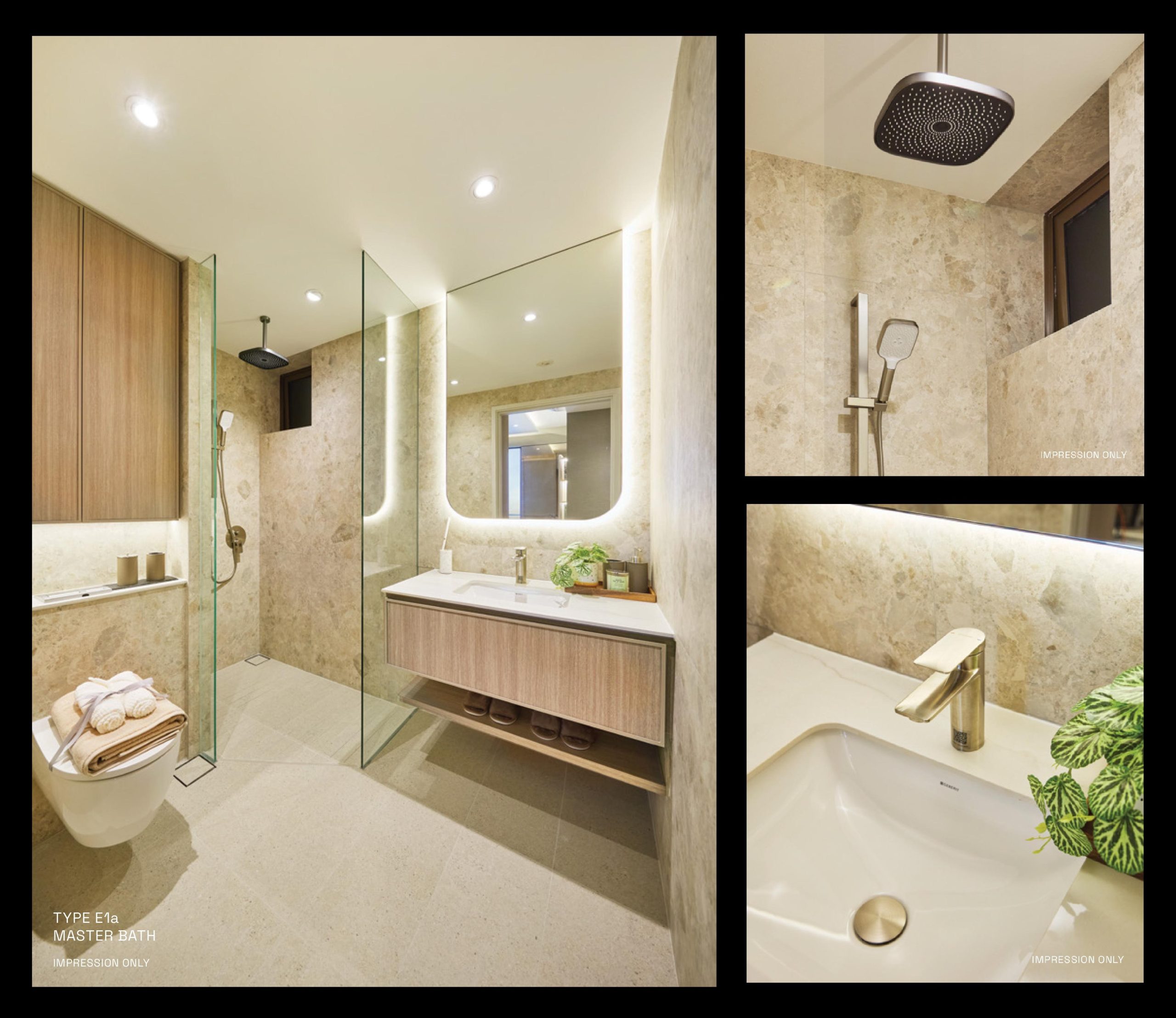 Bagnall Haus Type E1a master bathroom featuring a glass-enclosed shower with rain shower, wall-hung toilet, vanity basin and illuminated mirror with stone-look finishes.