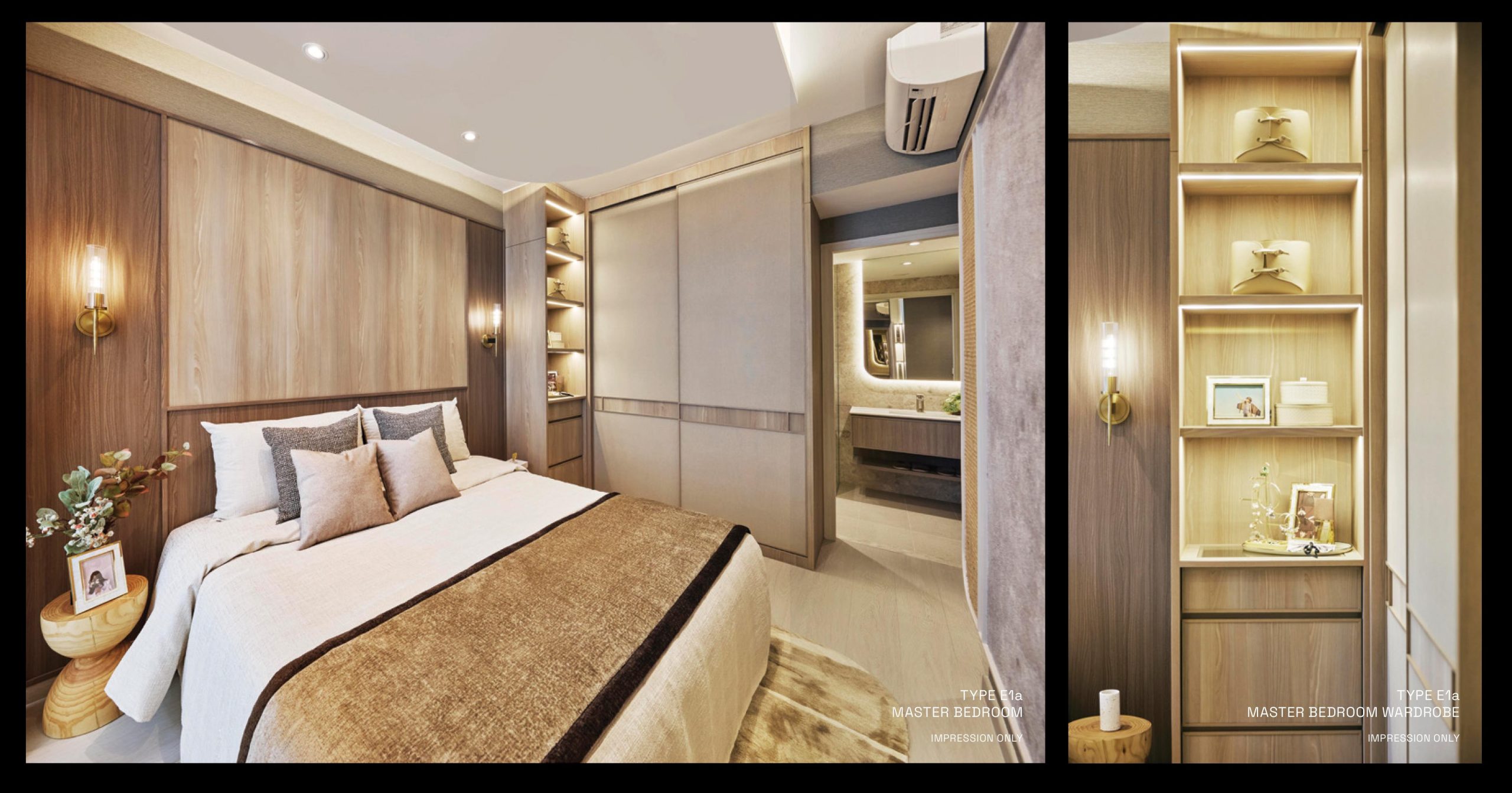 Bagnall Haus Type E1a master bedroom featuring a queen-size bed, built-in wardrobe with illuminated display shelving, warm wood finishes and direct access to the master bathroom.