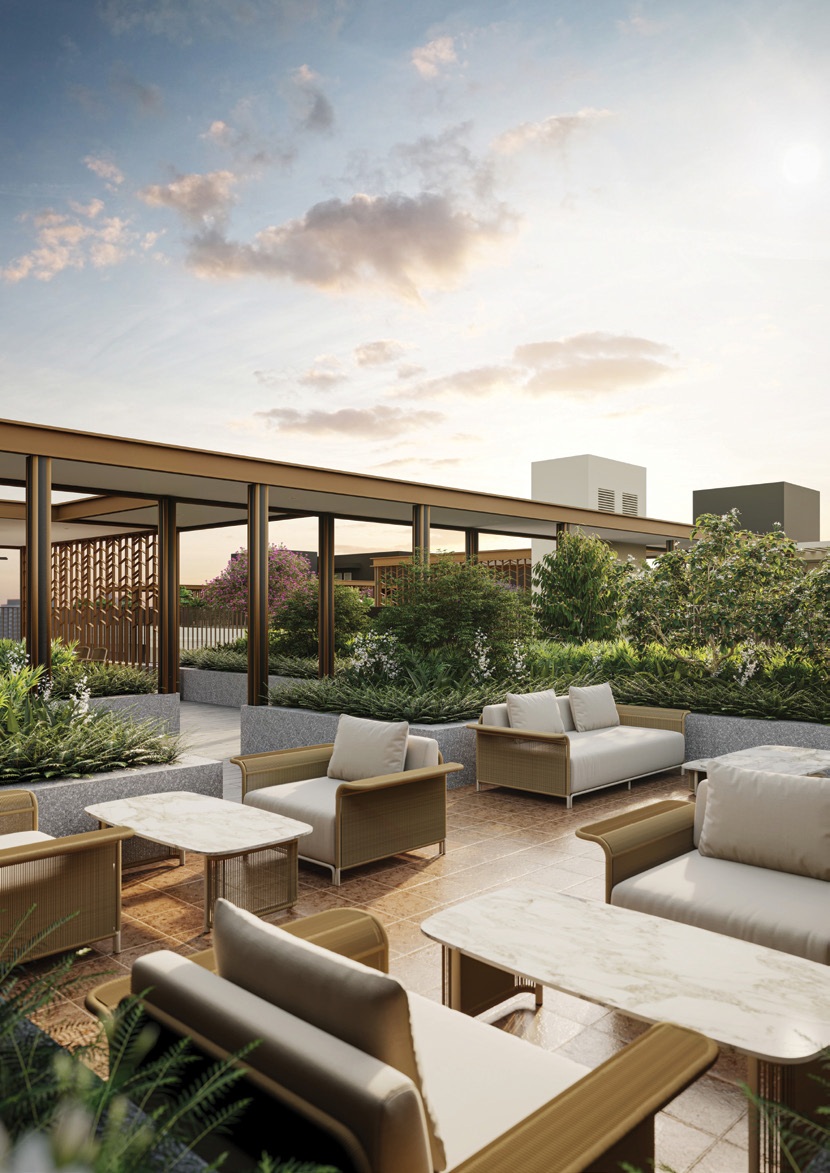 Artist’s impression of the Bagnall Haus rooftop alfresco lounge featuring comfortable outdoor seating, marble-top tables, sheltered pavilions and lush landscaped greenery.
