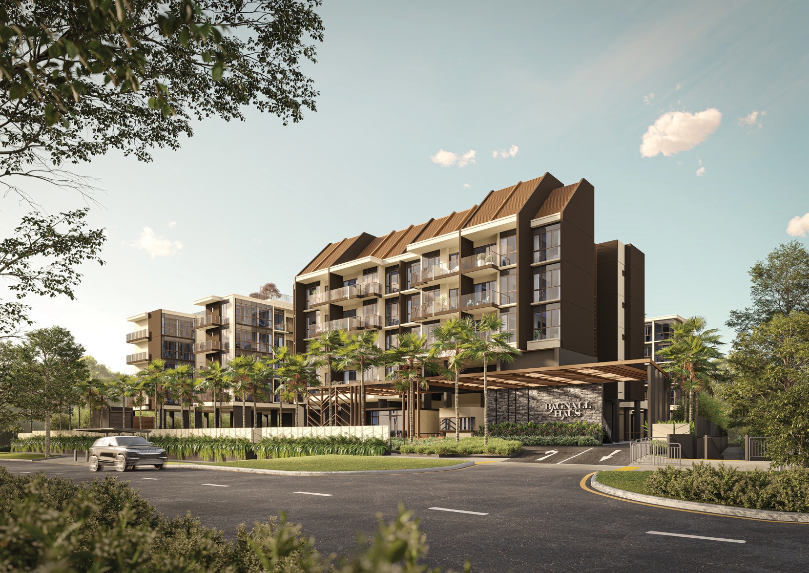 Artist’s impression of Bagnall Haus showing its low-rise residential blocks, landscaped entrance, palm trees and arrival driveway with contemporary architecture and pitched roof design.