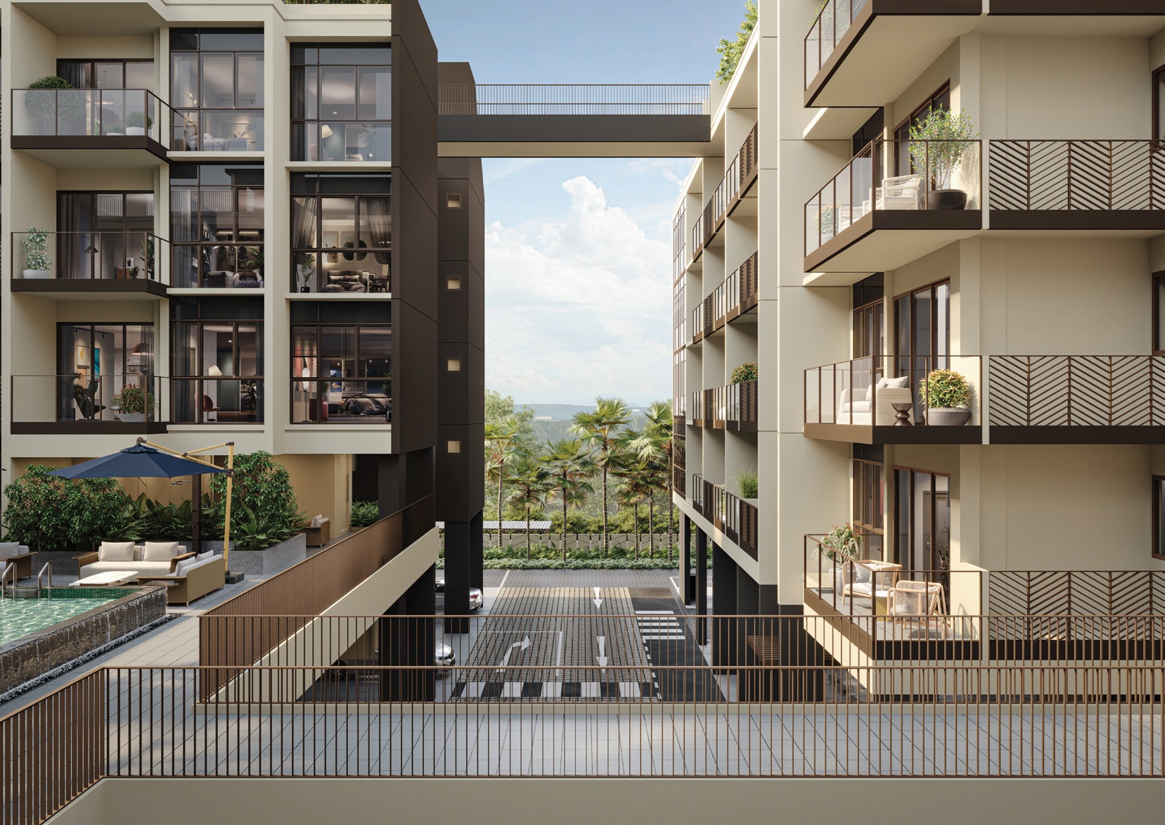 Artist’s impression of Bagnall Haus showing contemporary residential blocks with private balconies, a connecting sky bridge, poolside lounge area and landscaped surroundings.