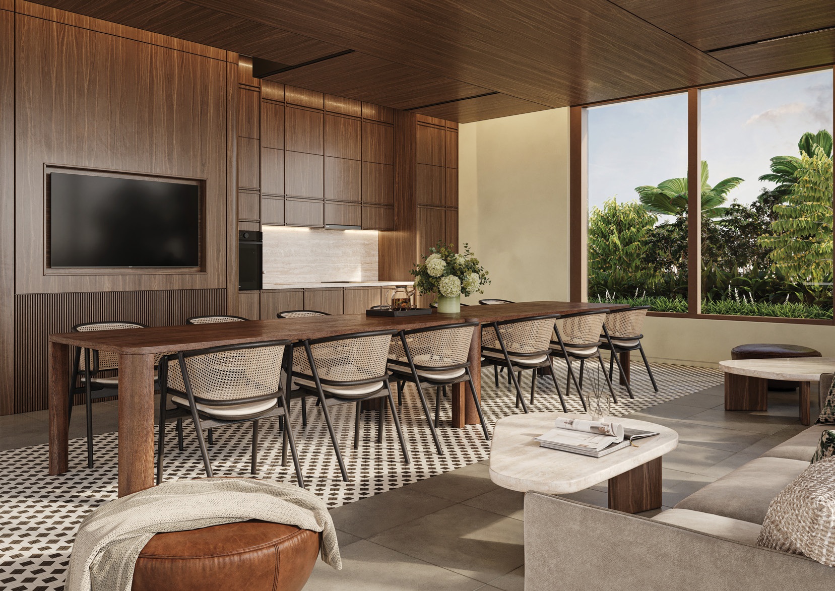 Artist’s impression of the Bagnall Haus function room featuring a long dining table, lounge seating, kitchenette, television and full-height windows overlooking lush greenery.