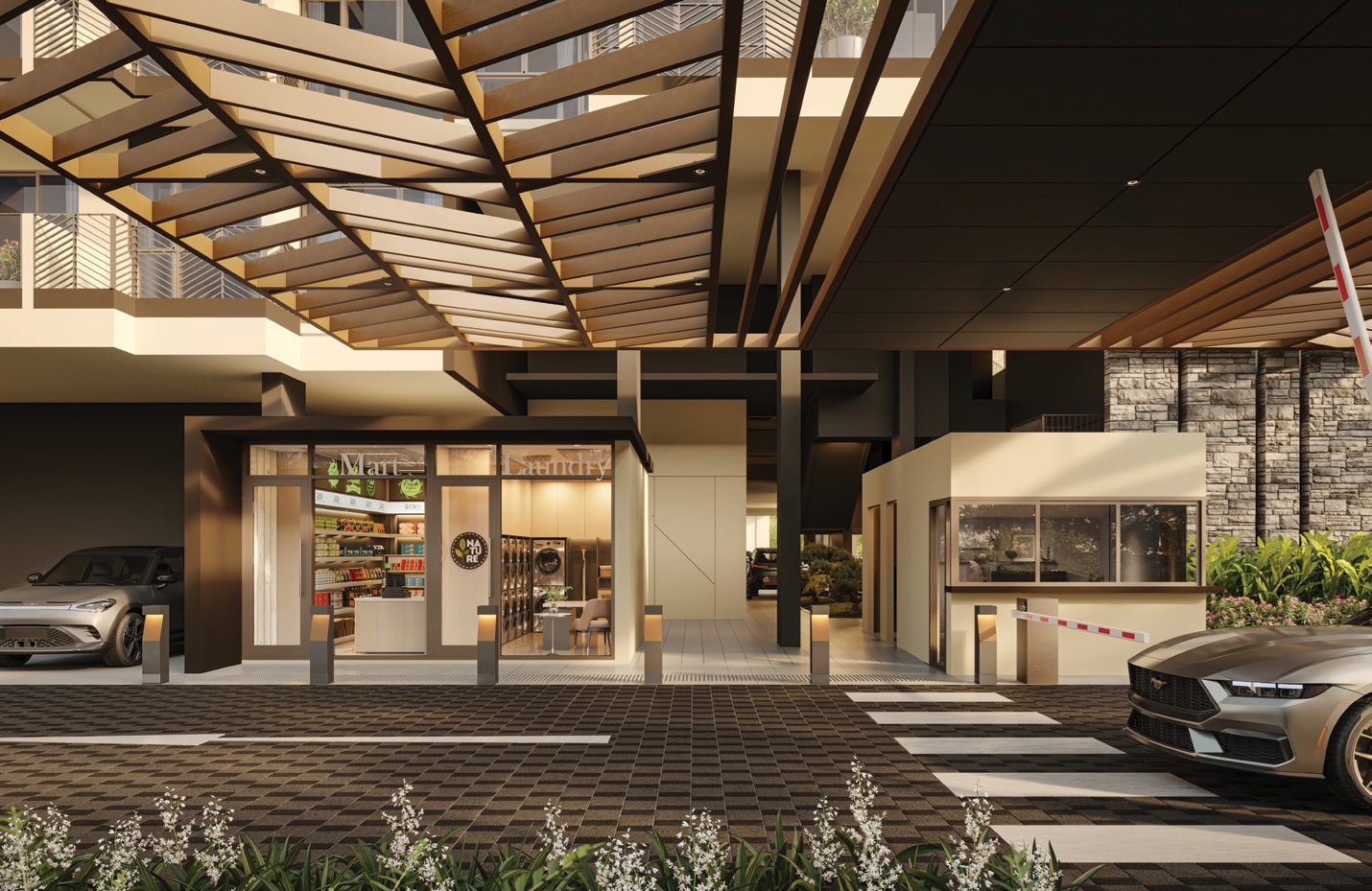 Artist’s impression of the Bagnall Haus arrival area featuring a sheltered drop-off, guardhouse and convenient on-site mart and laundry facilities.