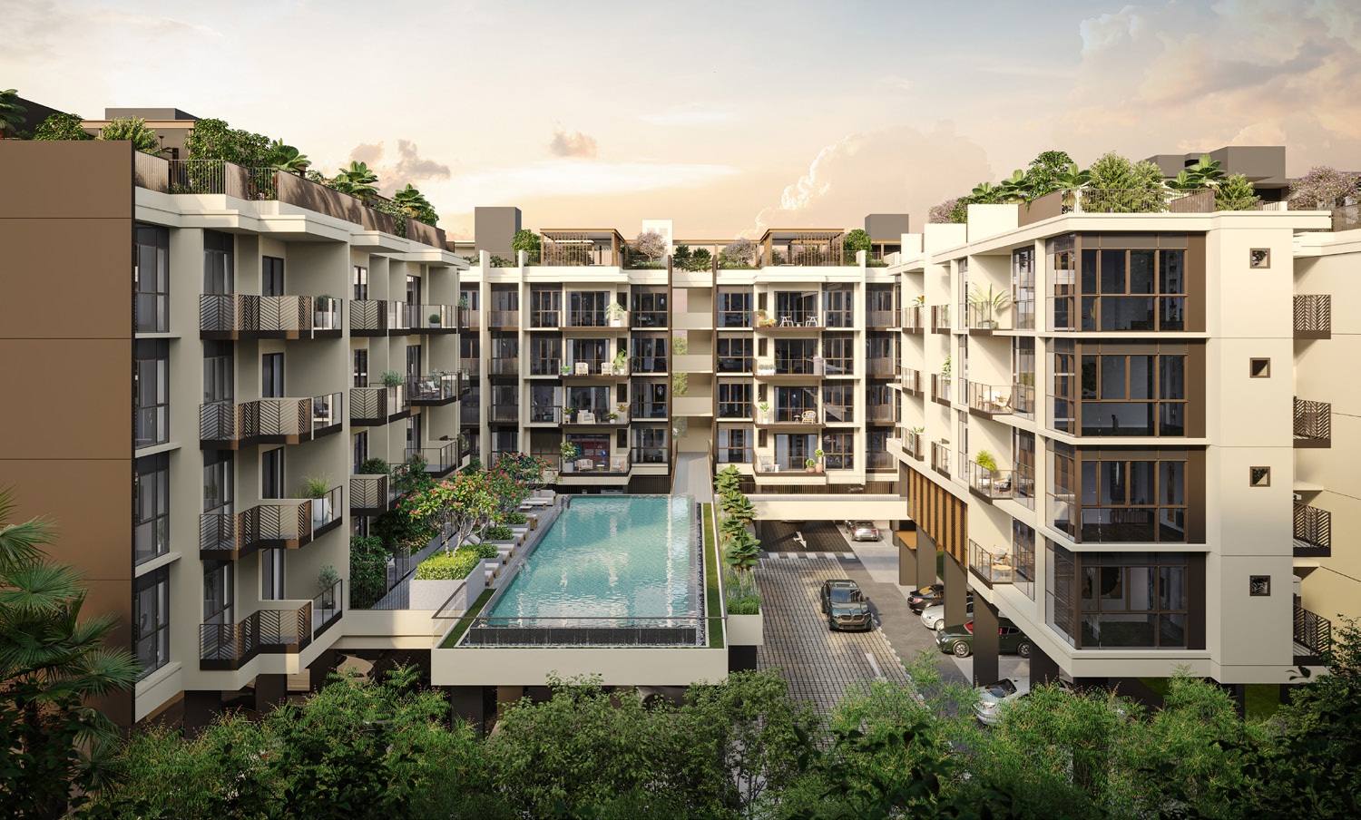 Artist’s impression of Bagnall Haus showing low-rise residential blocks surrounding a central swimming pool, landscaped greenery, balconies and rooftop garden spaces.