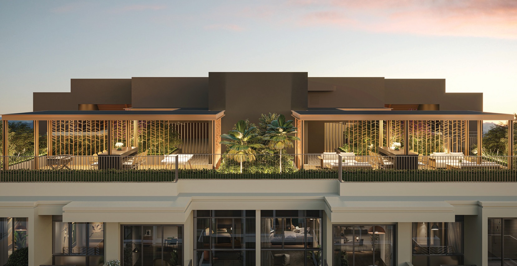 Artist’s impression of Bagnall Haus rooftop pavilions featuring sheltered lounge and dining areas surrounded by landscaped greenery at sunset.