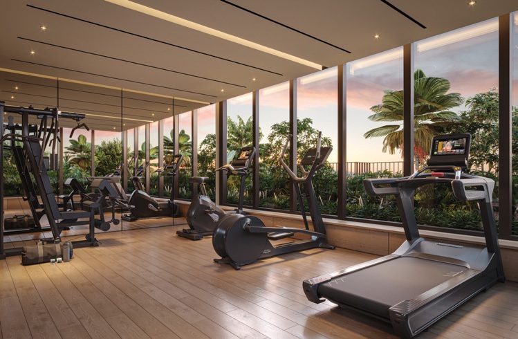 Artist’s impression of the Bagnall Haus canopy gym featuring treadmills, exercise bikes and strength-training equipment with full-height windows overlooking landscaped greenery.