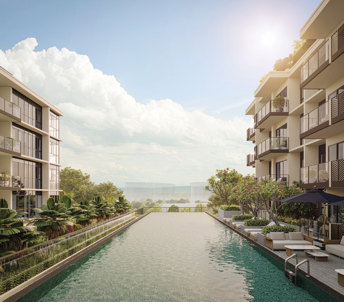 Artist’s impression of the Bagnall Haus swimming pool, surrounded by landscaped greenery, poolside lounge areas and low-rise residential blocks with balconies.
