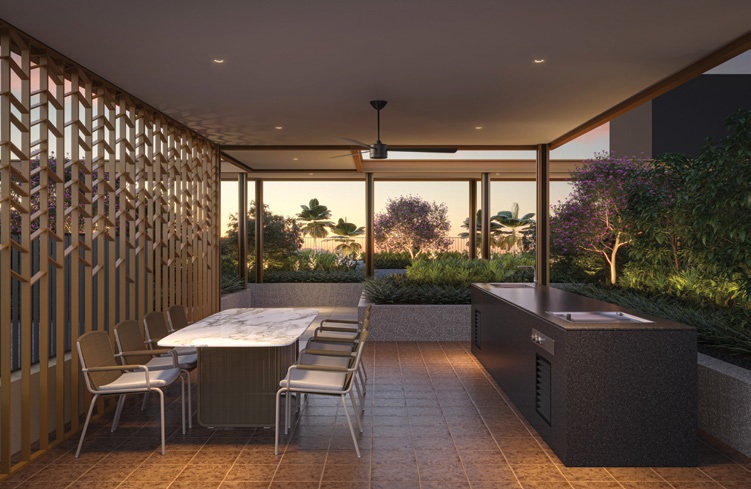 Artist’s impression of the Bagnall Haus rooftop teppanyaki pavilion featuring a sheltered dining area, cooking counter, ceiling fan and landscaped greenery.