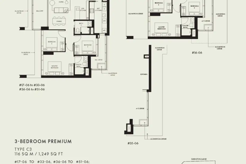 Floor plans of 3-Bedroom Type C3 units at W Residences Singapore-Marina View, showing a 116 sqm (1,249 sqft) layout with master bedroom, bedroom 2, bedroom 3, living and dining area, dry and wet kitchens, master bath, additional bathroom, balcony, and A/C ledge. Includes unit variations, unit number ranges, and a key plan highlighting the location near Union Street and Marina View.