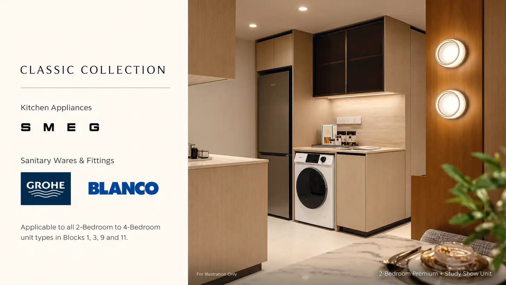 Thomson Reserve Classic Collection kitchen illustration with SMEG appliances and GROHE and BLANCO fittings, applicable to two- to four-bedroom units in Blocks 1, 3, 9 and 11.