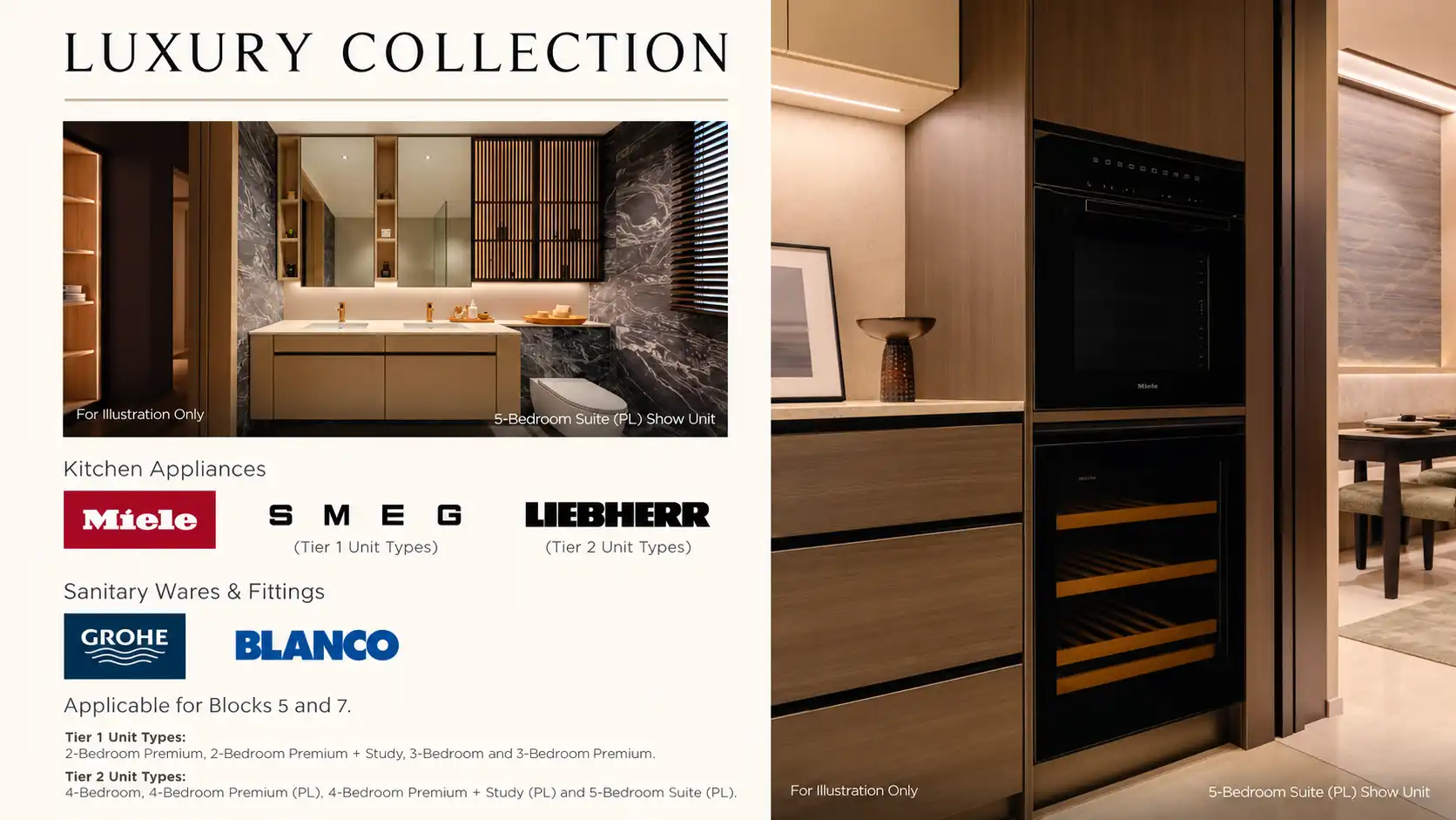 Thomson Reserve Luxury Collection kitchen and bathroom illustrations, with Miele, SMEG and Liebherr appliances and GROHE and BLANCO fittings for Blocks 5 and 7.