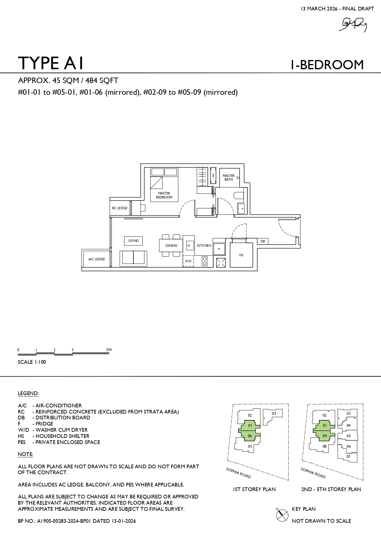 Sophia Meadow Type A1 1-bedroom floor plan measuring approximately 484 sq ft, featuring an open living and dining area, kitchen, household shelter, master bedroom and ensuite bathroom.