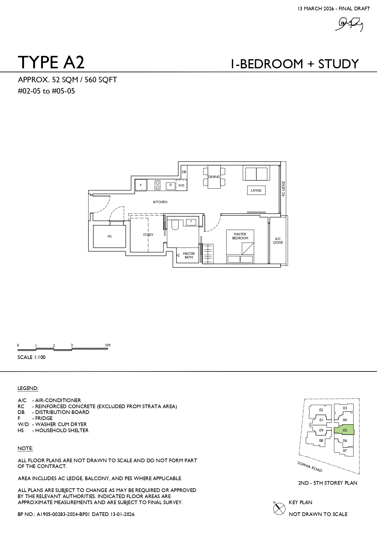 Sophia Meadow Type A2 1-bedroom plus study floor plan measuring approximately 560 sq ft, featuring an open kitchen, living and dining area, household shelter, study, master bedroom and ensuite bathroom.