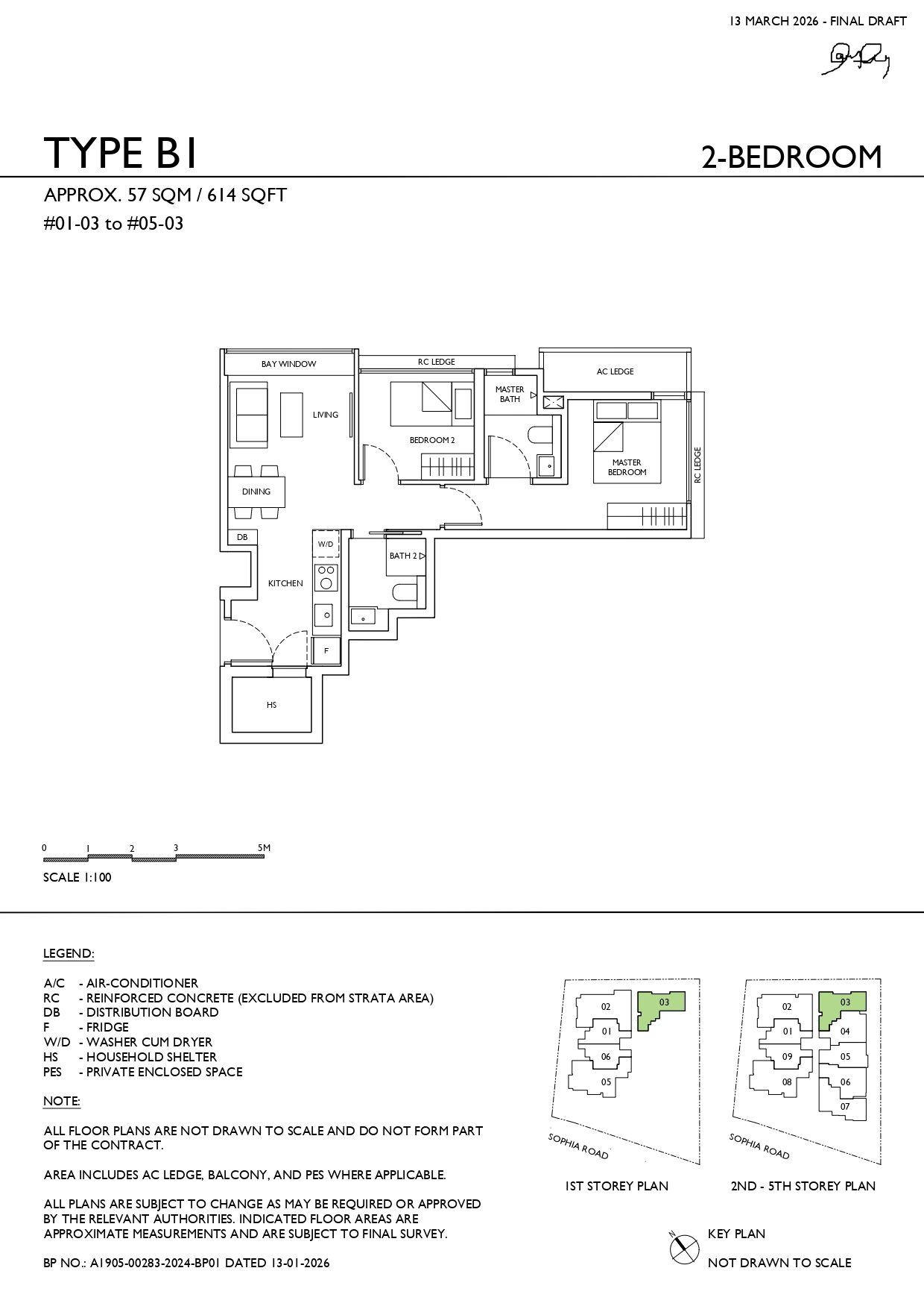 Sophia Meadow Type B1 2-bedroom floor plan measuring approximately 614 sq ft, featuring living and dining areas, kitchen, household shelter, two bathrooms and two bedrooms.