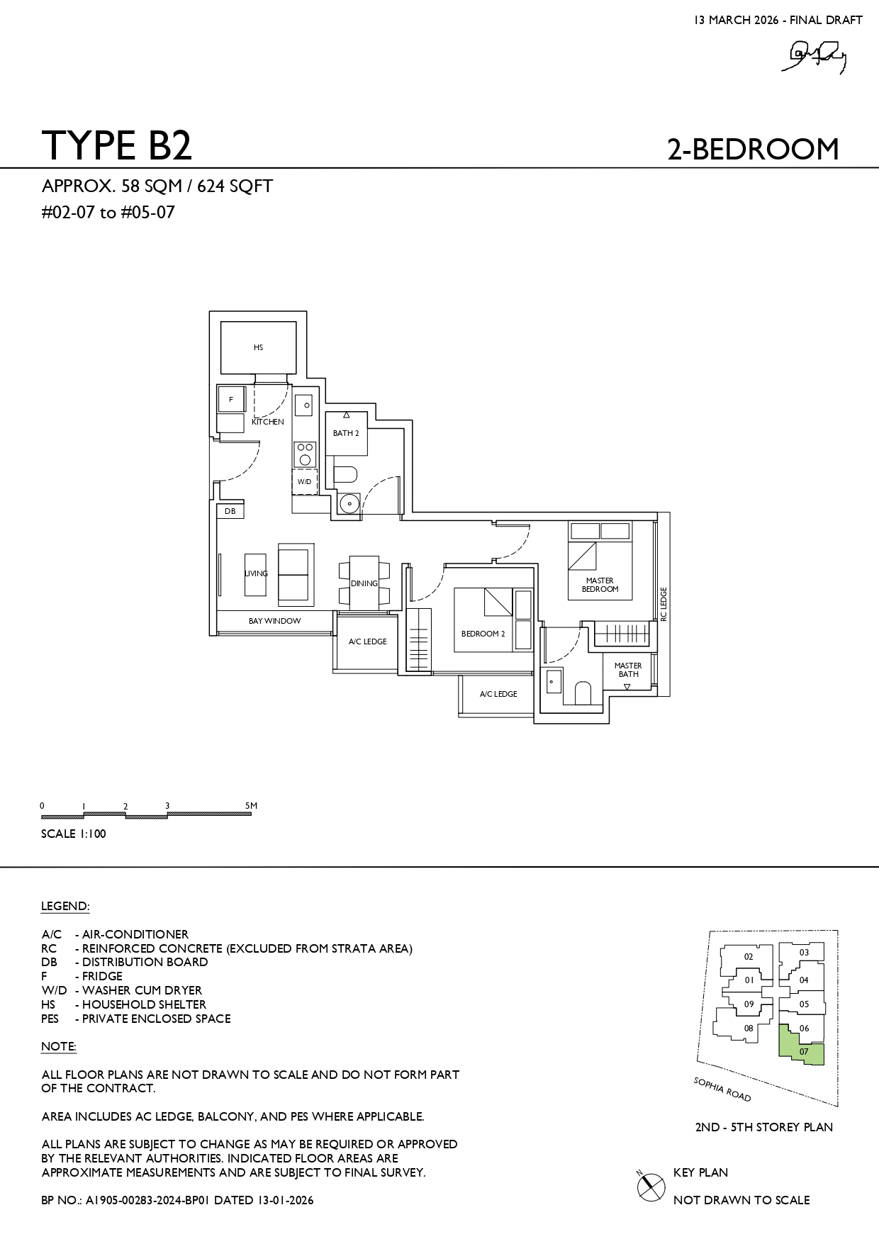 Sophia Meadow Type B2 2-bedroom floor plan measuring approximately 624 sq ft, featuring living and dining areas, kitchen, household shelter, two bedrooms and two bathrooms.