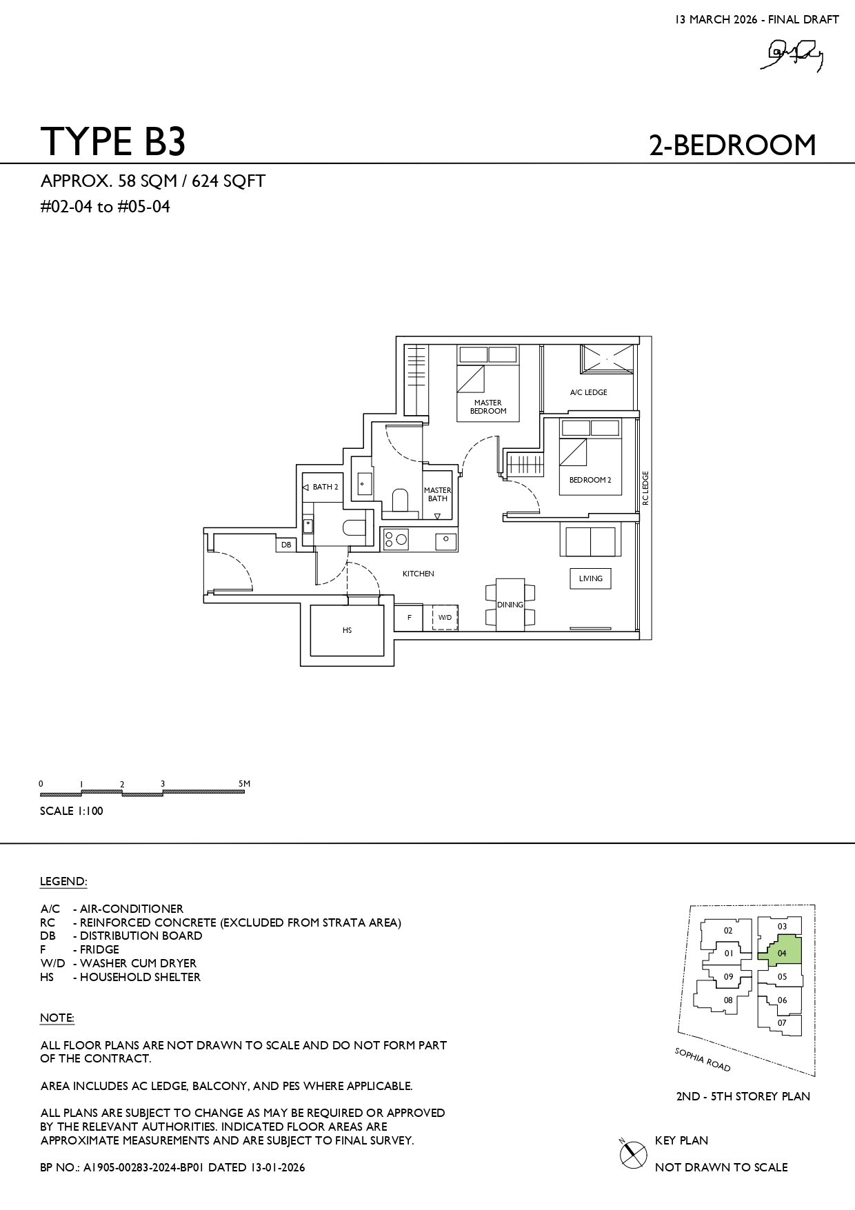 Sophia Meadow Type B3 2-bedroom floor plan measuring approximately 624 sq ft, featuring an open kitchen, living and dining area, household shelter, two bedrooms and two bathrooms.
