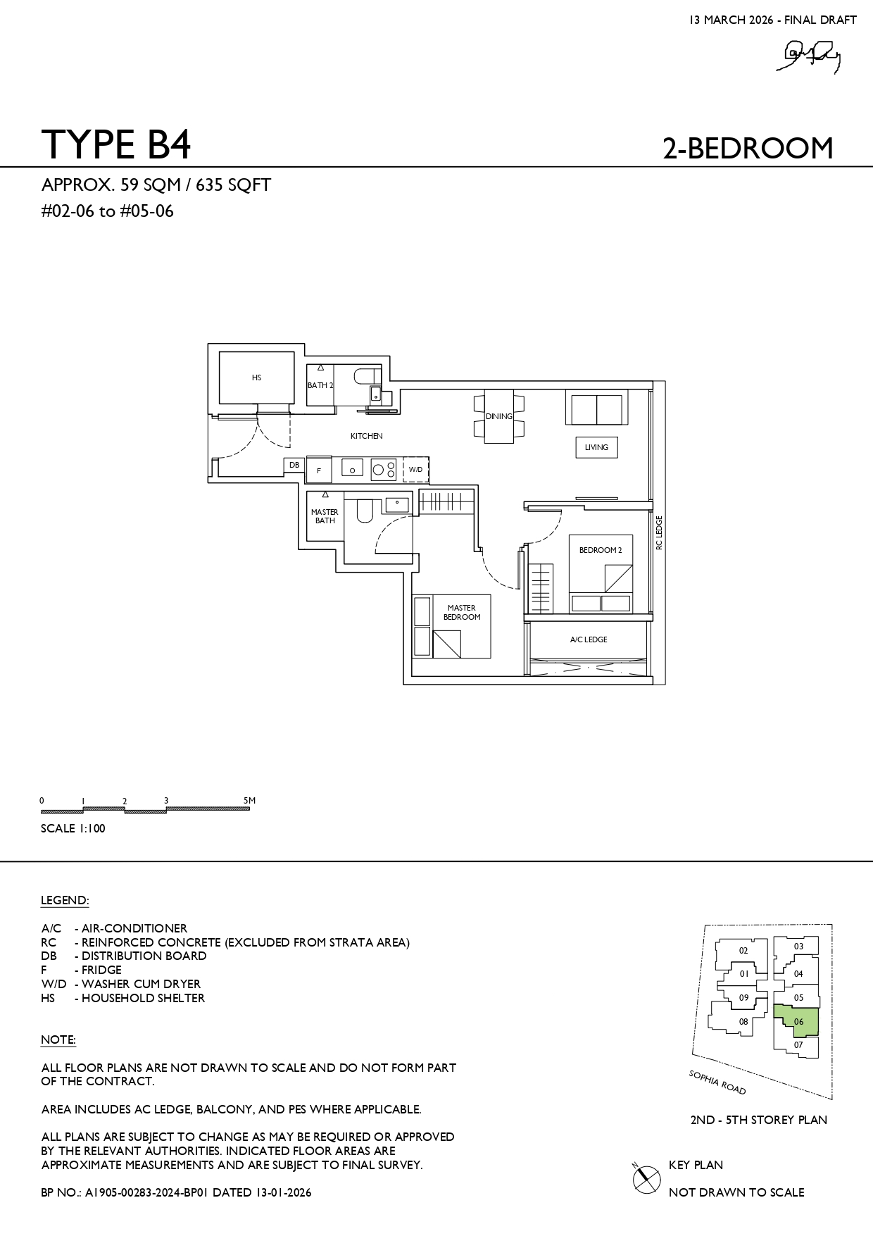 Sophia Meadow Type B4 2-bedroom floor plan measuring approximately 635 sq ft, featuring an open kitchen, living and dining area, household shelter, two bedrooms and two bathrooms.