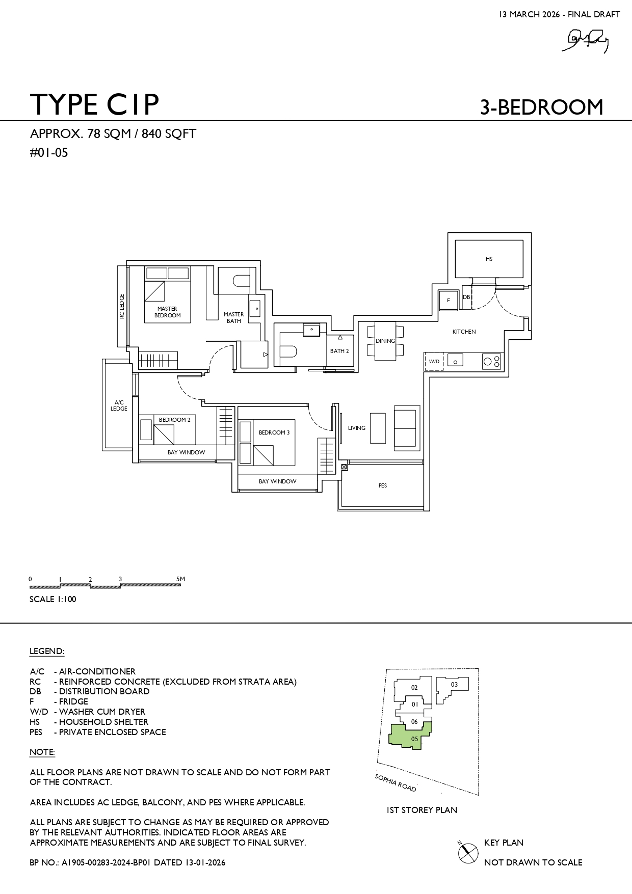Sophia Meadow Type C1P 3-bedroom ground-floor floor plan measuring approximately 840 sq ft, featuring living and dining areas, kitchen, household shelter, three bedrooms, two bathrooms and a private enclosed space.