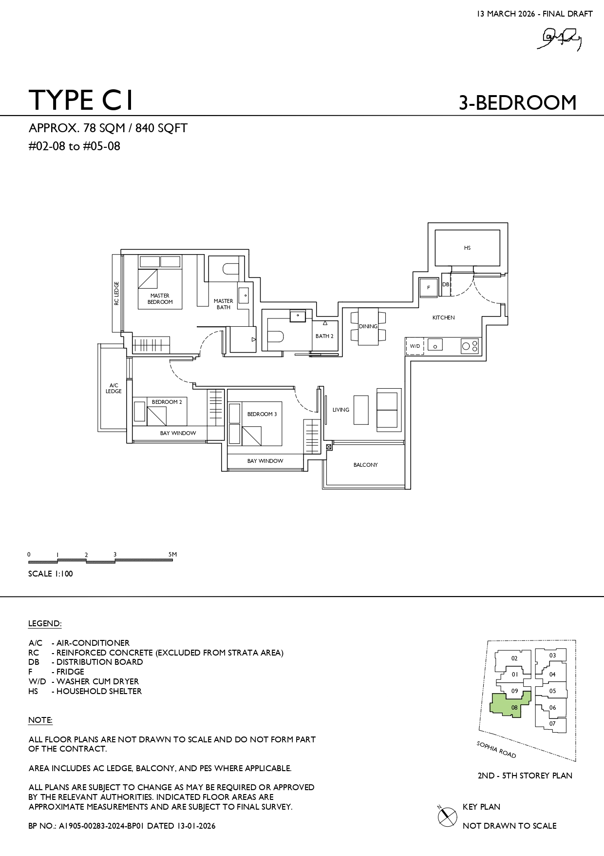 Sophia Meadow Type C1 3-bedroom floor plan measuring approximately 840 sq ft, featuring living and dining areas, kitchen, household shelter, three bedrooms, two bathrooms and a balcony.