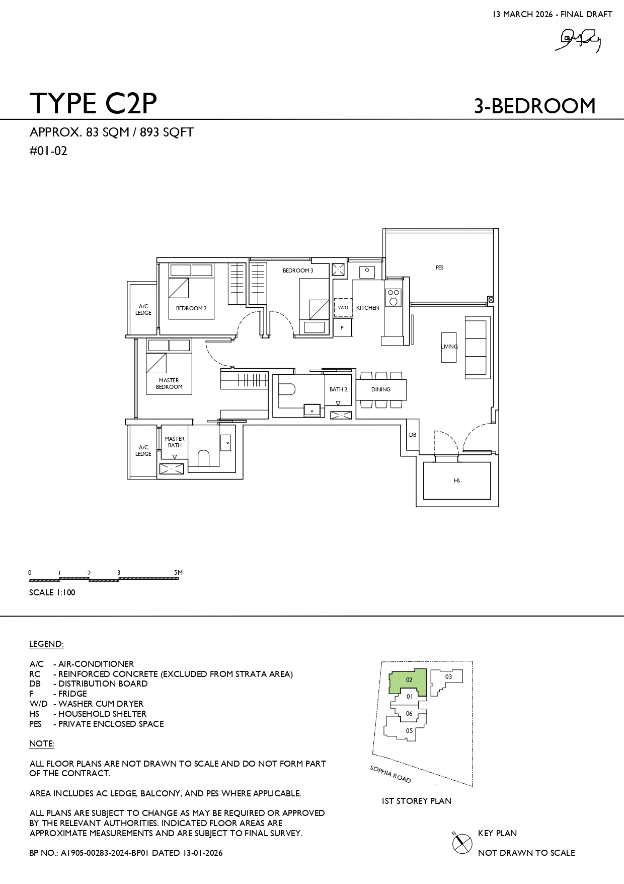 Sophia Meadow Type C2P 3-bedroom ground-floor floor plan measuring approximately 893 sq ft, featuring living and dining areas, kitchen, household shelter, three bedrooms, two bathrooms and a private enclosed space.